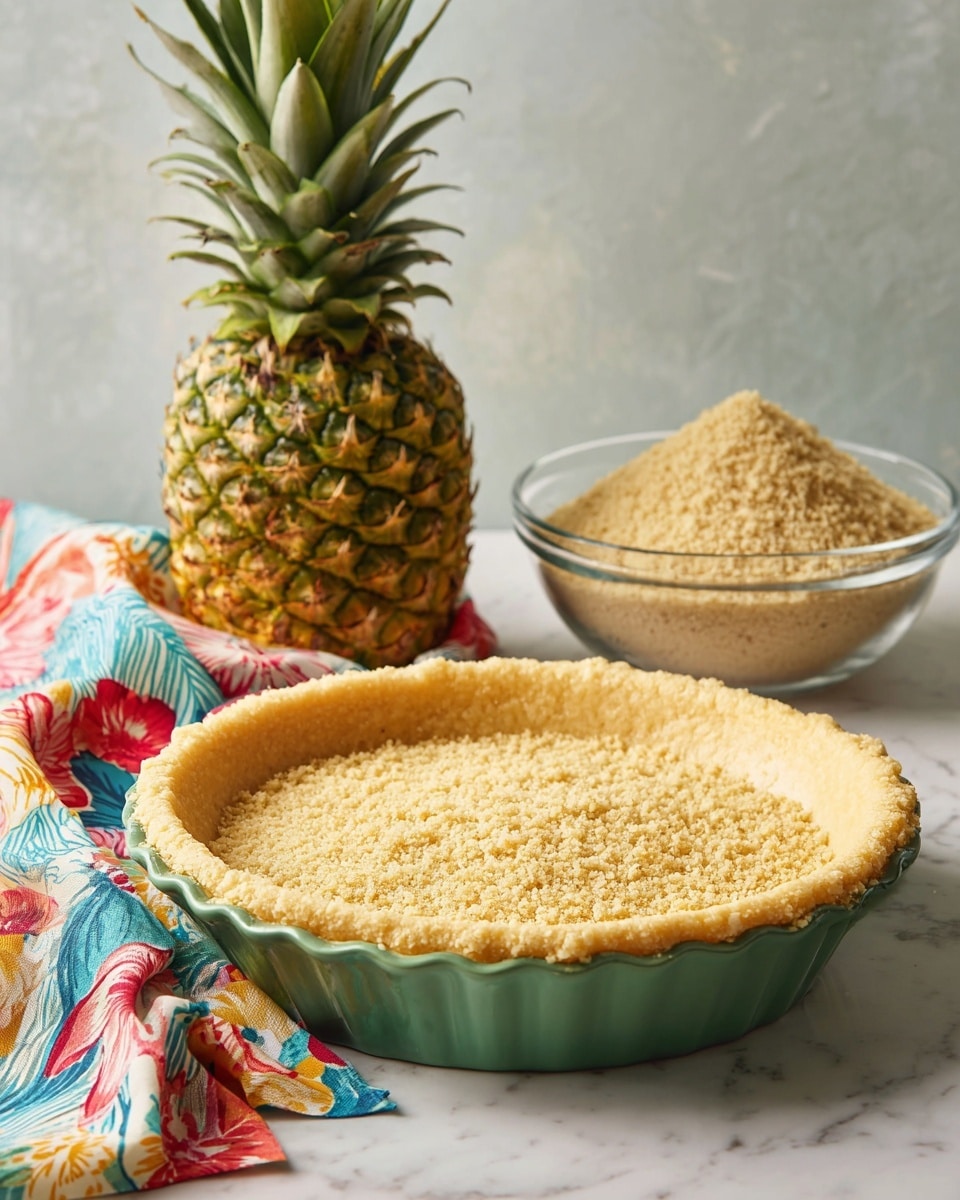 A close-up image shows a green pie dish filled with a golden crumb crust pressed evenly across its base and sides, sitting on a white marbled surface. Behind it, there is a large, whole pineapple with green spiky leaves and a textured yellow-green skin standing upright. To the right, a clear glass bowl is filled with more light brown crumbs. Draped casually beside the pie dish is a colorful cloth with floral and fruit patterns in red, blue, yellow, and green. The background is a soft, lightly textured light gray wall. Photo taken with an iphone --ar 4:5 --v 7