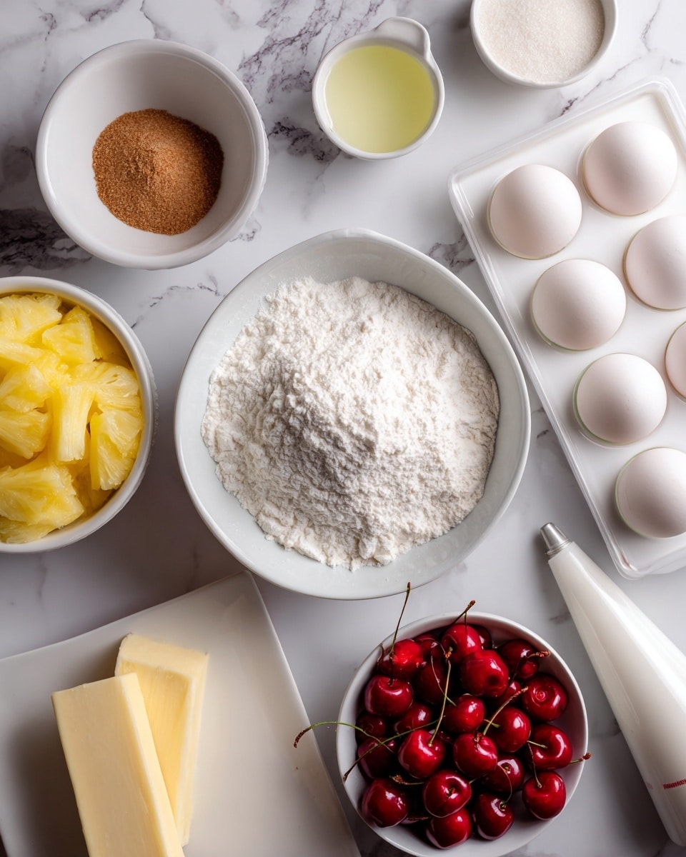 The image shows baking ingredients placed on a white marbled surface. In the center, there is a white bowl filled with white flour. Surrounding it clockwise, there is a white measuring cup with brown sugar, another white measuring cup with a light yellow liquid, a white tray holding three white eggs, and a white piping bag with a silver tip near the bottom right. At the bottom left, a white rectangular plate holds a light yellow stick of butter. Near the top left, a white bowl contains crushed pineapple with a yellowish color, and next to it, a small white bowl is filled with bright red cherries with stems. Photo taken with an iphone --ar 4:5 --v 7