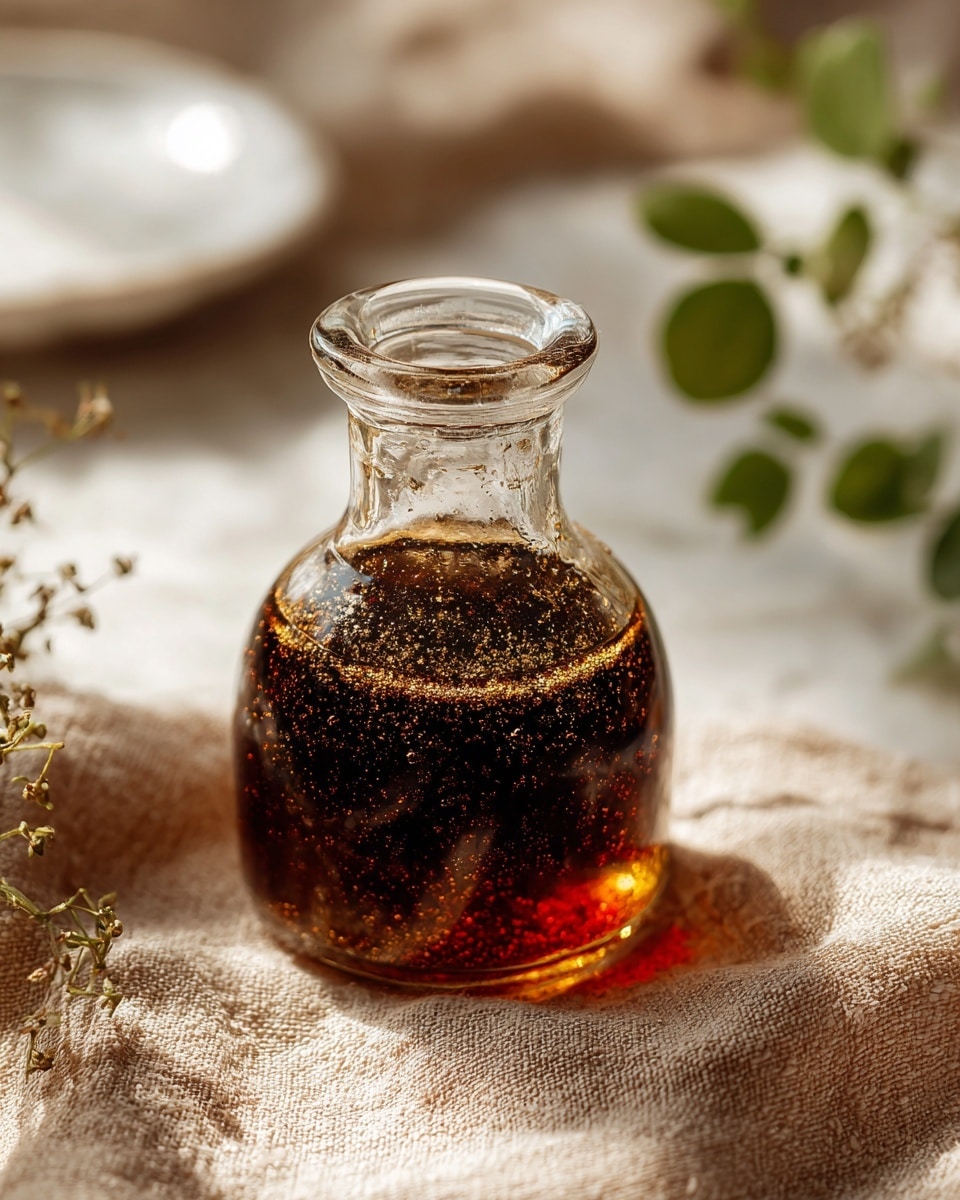 A small clear glass bottle filled halfway with a dark brown liquid with some small bubbles and residue visible on the inside surface near the top. The bottle has a short round neck and is placed on a light brown textured fabric. The background shows a white marbled texture with some out-of-focus objects, including a white dish and some green leaves, giving a soft, natural look. Photo taken with an iphone --ar 4:5 --v 7