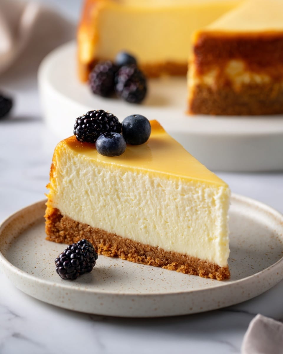 A slice of smooth, creamy cheesecake with a light golden yellow top layer and a thick pale creamy middle layer sits on a white plate with a subtle speckled texture; the cheesecake has a crumbly light brown crust at the base. On top of the slice are two berries—one dark blue blueberry and one glossy black blackberry. In the background, the rest of the cheesecake is visible on a round white plate, showing the same layers with some blackberries beside it on the plate. The setting has a white marbled surface and a small white bowl with blueberries is blurred in the back. A silver fork is placed on the plate next to the cheesecake slice. Photo taken with an iphone --ar 4:5 --v 7