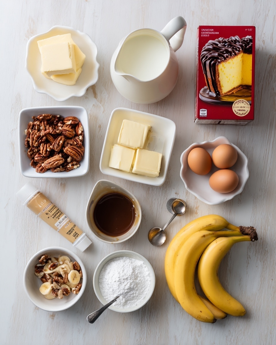 A top view of baking ingredients arranged neatly on a white marbled surface with a light wooden texture beneath; there is a box with a bright red front showing a yellow cake with chocolate frosting, placed at the top right corner alongside a creamy white pitcher filled with milk near the center. Small white square dishes hold blocks of pale butter and cream cheese, two brown and one light blue eggs sit together in another white dish, and a small bowl filled with dark caramel sauce contains a silver spoon. Chopped pecans fill a white bowl at the left side, a white measuring cup overflows with powdered sugar, and a white dish holds two ripe bananas near the bottom right. A small round white dish holds a beige tube labeled vanilla bean paste, and at the bottom center, another white dish contains two brown bananas soaked in liquid. All items are spaced evenly, with clear labels in black text above or near each ingredient photo taken with an iphone --ar 4:5 --v 7