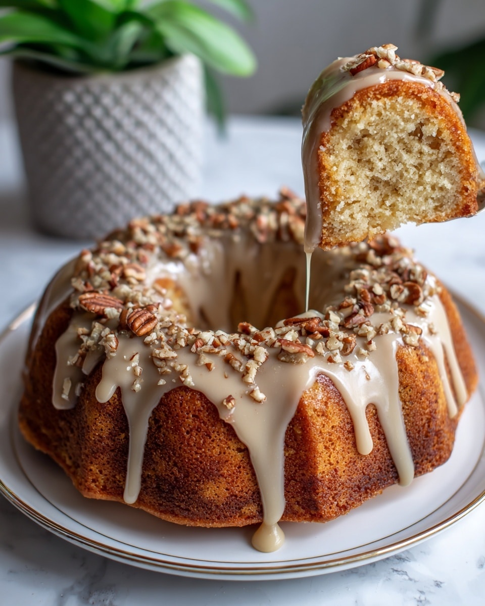 The image shows a round bundt cake with one slice lifted on a white plate, placed on a white marbled surface. The cake has a golden brown outer layer with a moist, light yellow crumb inside, showing small nut pieces. The top is covered with a smooth, creamy beige frosting that drips slightly down the sides. The frosting is sprinkled with chopped pecans, adding texture and a darker brown color contrast. In the background, there is a rustic ceramic pot with green leaves and white flowers slightly out of focus. photo taken with an iphone --ar 4:5 --v 7