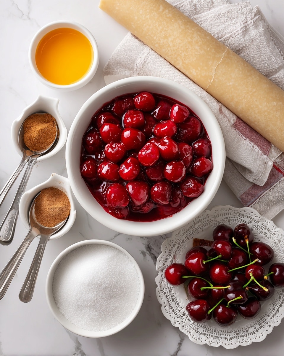 The image shows a white bowl at the top center filled with shiny, bright red canned cherries covered in a thick syrup. To its right, there is a rolled single pie crust with a smooth beige texture resting horizontally on a white marbled surface. Below the bowl and crust, on the left side, two metal measuring spoons hold ground cinnamon and nutmeg powders with a soft brown color next to a small white bowl with orange juice that looks smooth and glossy. In the bottom center, a white bowl contains fine white sugar, and to its right, a white plate holds dark red fresh cherries with green stems on a delicate white lace cloth. The whole setup is arranged on a white marbled texture background. photo taken with an iphone --ar 4:5 --v 7
