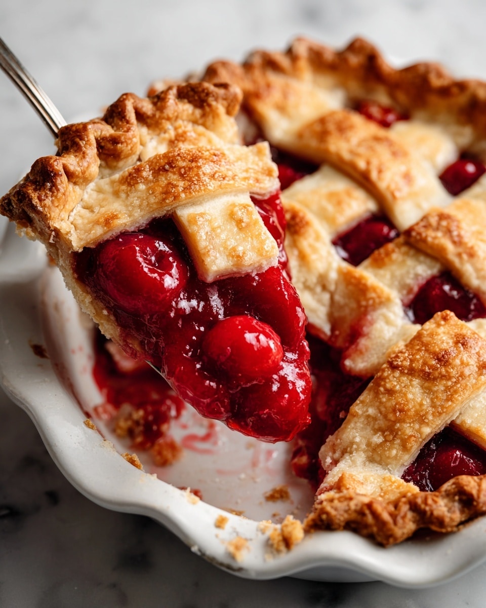 A white ceramic pie dish holds a partially sliced pie with a golden beige, cracked, flaky crust forming the top layer edged with a crimped border; beneath the crust, a thick, deep red fruit filling oozes slightly onto the pie plate and the metal pie server resting inside, which has some of the juicy filling on its surface. The pie is sitting on a white marbled surface. photo taken with an iphone --ar 4:5 --v 7