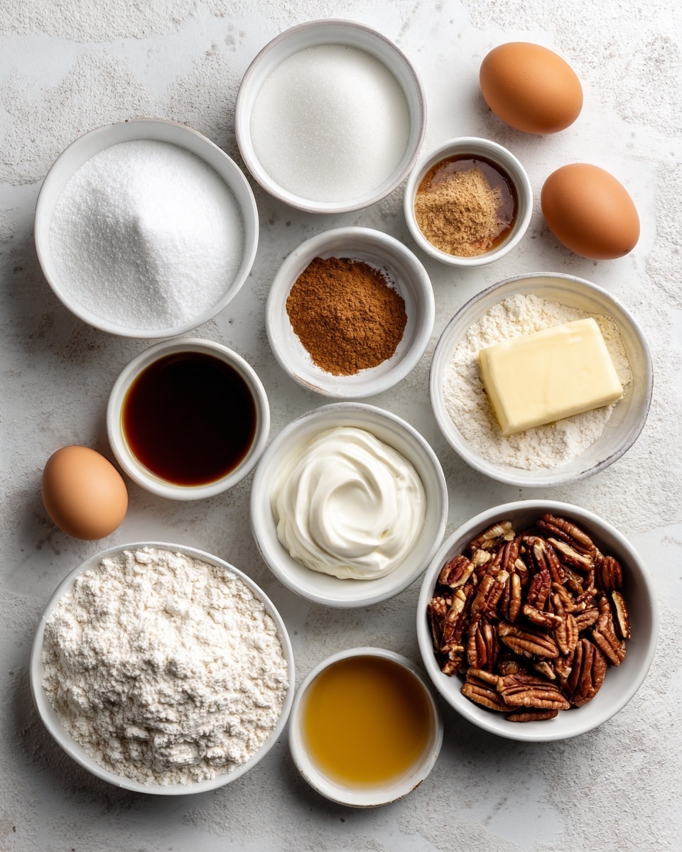A flat lay of baking ingredients on a white marbled texture shows eleven white bowls and two eggs arranged in a loose circle with labels. At the top, a white bowl is filled with bright white powdered sugar, next to a small white bowl containing dark brown vanilla liquid, below it a small white bowl with light brown cinnamon powder, and next to it a tiny white bowl holding smooth white cream. In the center, a bigger white bowl holds pale yellow softened butter. Below and to the left, a smaller white bowl with white baking powder, and near it a similar-sized white bowl with darker brown vanilla liquid. At the bottom center, a larger white bowl is filled with light cream-colored flour, while to the right of it a medium white bowl contains medium brown chopped pecans. Above the pecans is a medium white bowl holding golden syrup with a glossy surface. Two brown eggs rest side by side near the powdered sugar on the left side. The neat arrangement against the white marbled background creates a clean, organized look. photo taken with an iphone --ar 4:5 --v 7