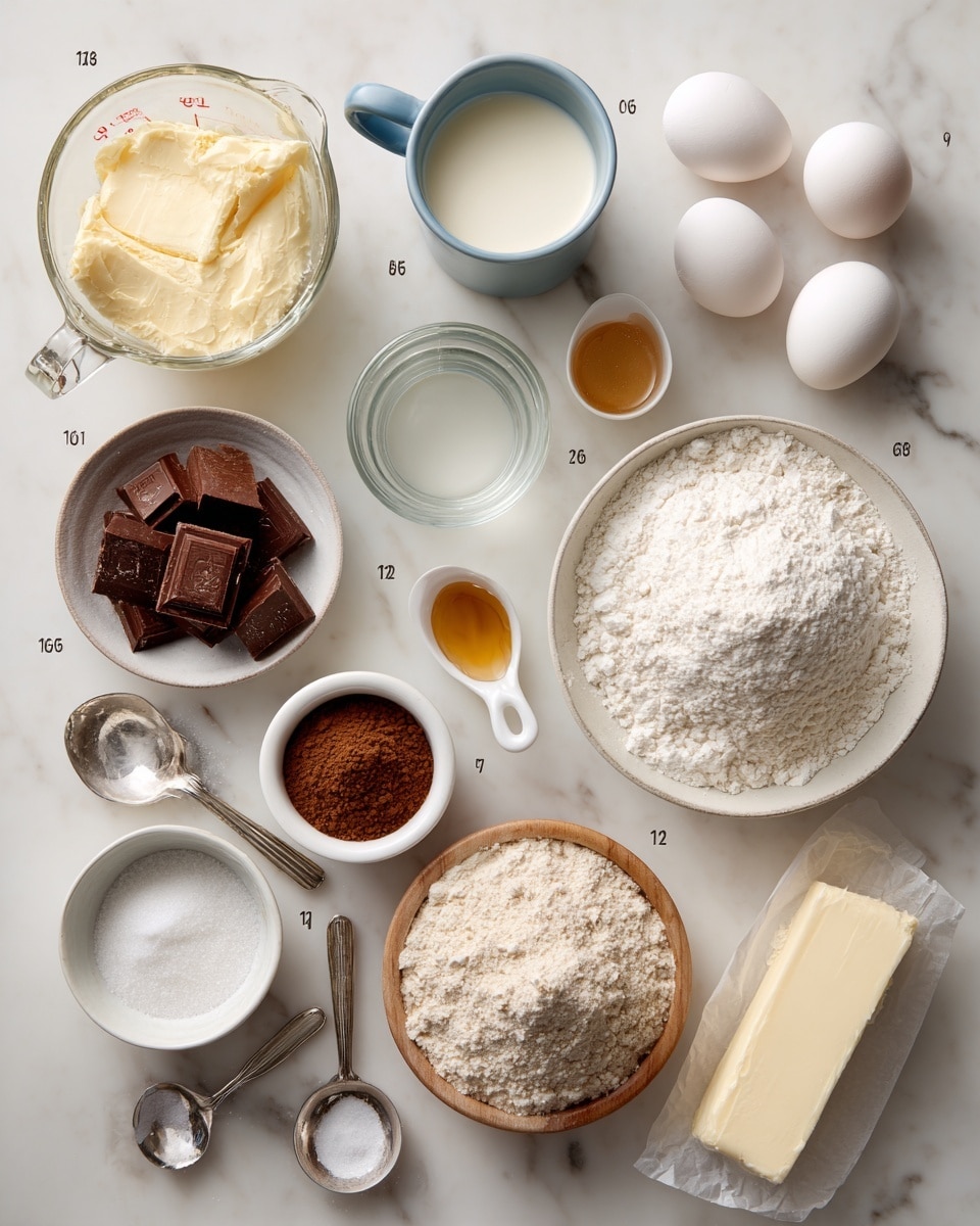 A flat lay of baking ingredients is arranged on a white marbled surface, featuring 13 labeled items. In the top left corner, a glass measuring cup holds melted butter with a pale yellow color. Next to it, a small white ceramic cup with a blue exterior contains milk in a creamy white tone. Below that, a small white spoon holds golden vanilla extract. Two white eggs sit near the center right, accompanied by a shallow white bowl filled with fine powdered sugar. Below these, a clear glass bowl contains water, and two small metal measuring spoons hold salt and baking soda. A small white bowl filled with irregular chunks of milk chocolate is near the upper left middle, next to another small white bowl with cocoa powder in a rich brown color. Below, a small white bowl holds brown sugar with a soft texture, while a wooden bowl contains flour with a loose, powdery look. In the bottom right corner, a stick of butter wrapped partially in white paper rests on the surface. All items are evenly spaced, creating a neat and clear visual. photo taken with an iphone --ar 4:5 --v 7