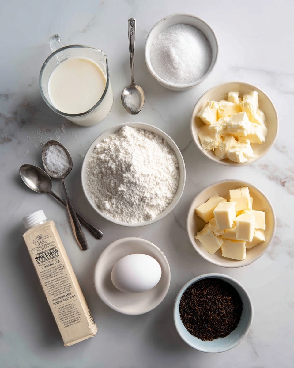 The image shows several cooking ingredients arranged on a white marbled surface. There is a clear glass measuring cup filled with cream on the left side. Nearby are two metal spoons, one holding white baking powder and the other holding coarse salt. Moving to the top right, there are three white ceramic bowls: one with white flour, one with white sugar, and one with light yellow butter chunks. In front of the butter, there is a white ceramic bowl with one white egg. Below the egg, a tube of vanilla bean paste lies flat, with a beige and black label. In the center is a small white ceramic bowl filled with dark brown Earl Grey tea leaves. All items are spaced neatly in a clean and bright setting. Photo taken with an iphone --ar 4:5 --v 7