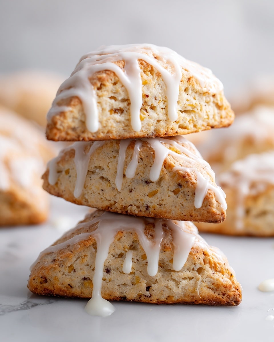 The image shows a stack of three triangular scones with a light yellow color speckled with black dots all over, suggesting a tea or spice mix inside. Each scone is drizzled generously with white icing that flows slightly down the sides, adding a glossy texture. Behind the stack, there is a circle of more scones arranged in a white plate, all having the same color and icing. The whole scene is set on a white marbled surface, giving it a clean and bright look. photo taken with an iphone --ar 4:5 --v 7