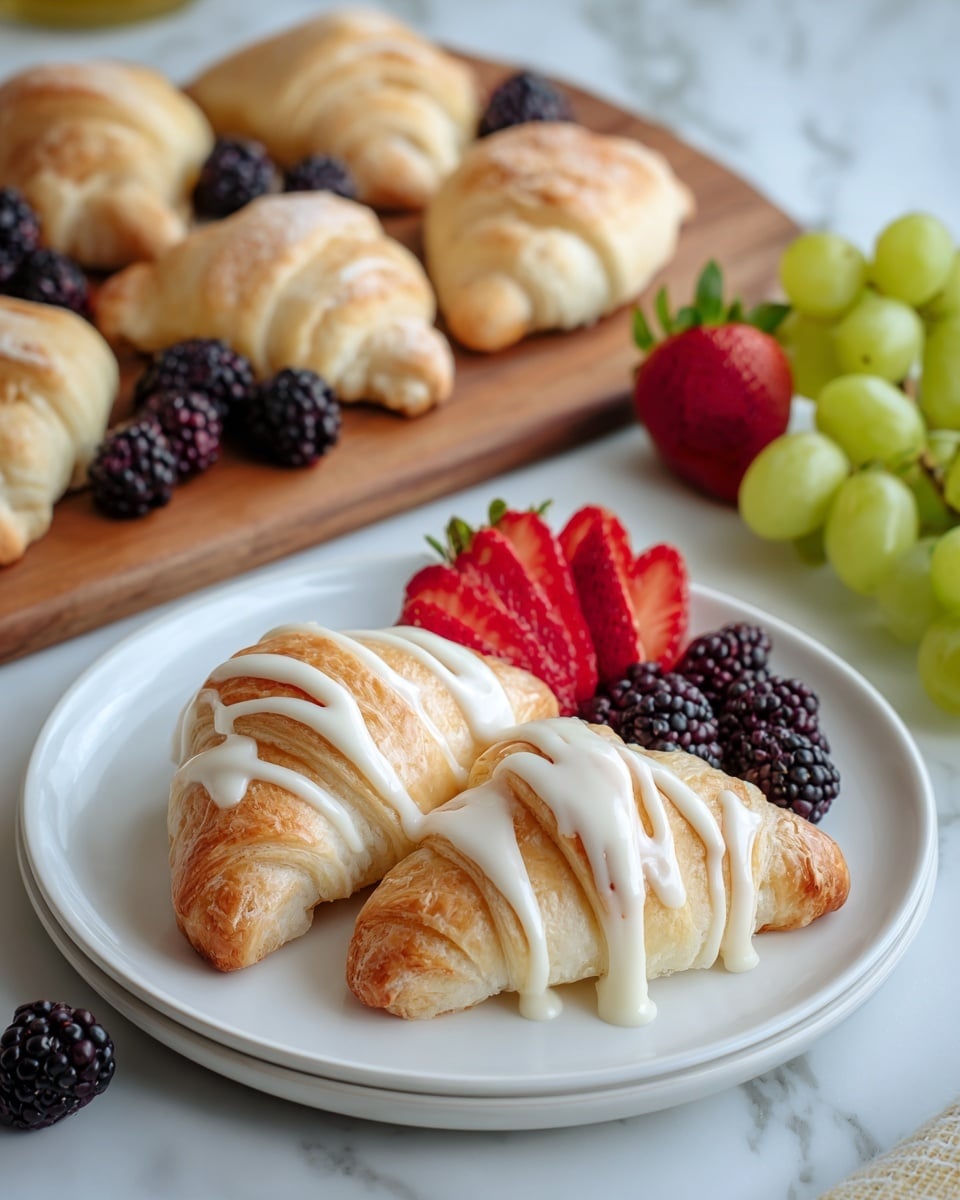 Two golden-brown croissants with a drizzle of light cream icing sit on the front half of a white plate. Behind the croissants on the plate, there are small bunches of green grapes, blackberries, and red strawberries, some sliced to show the bright red inside. In the background, more croissants with the same cream icing rest on a wooden board, along with additional blackberries and grapes. The whole scene is set on a white marbled surface with soft natural light. photo taken with an iphone --ar 4:5 --v 7