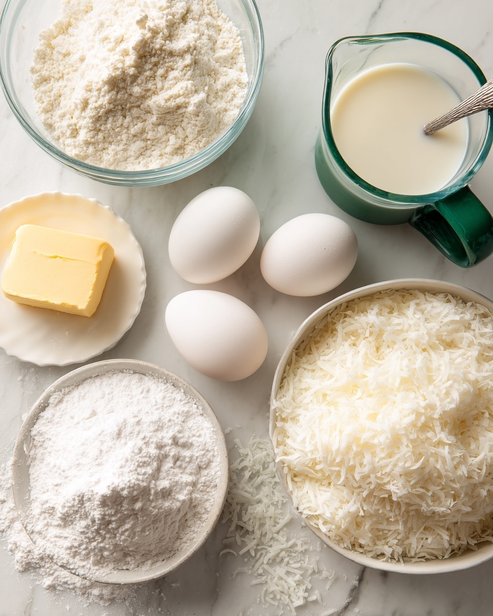 A clear glass bowl filled with white cake mix sits on the left side, next to a small white dish holding a pale yellow stick of butter. In the center, a green ceramic cup holds three white eggs, with two more eggs placed on the white marbled surface in front. To the right, a clear glass measuring cup filled with off-white coconut milk has a silver spoon inside. Next to it, a white bowl overflows with shredded white coconut, with some coconut spilling onto the white marbled surface below. All items are arranged closely together on the surface, with a clean and bright backdrop. photo taken with an iphone --ar 4:5 --v 7