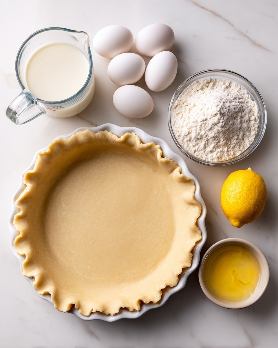 A white pie dish filled with smooth, light beige pie dough with scalloped edges sits at the bottom center of the image on a white marbled surface. Above it, slightly left, there is a clear glass measuring cup filled with white milk, and next to it, three white eggs are arranged. To the right of the eggs, a whole bright yellow lemon is placed. Further right, a clear bowl filled with white granulated sugar is shown. Above the pie dish on the left side, there is a small white bowl filled with white flour. On the bottom right corner, a small light gray bowl holds melted yellow butter. Each ingredient is labeled with brown text, creating a neat and organized layout. Photo taken with an iphone --ar 4:5 --v 7
