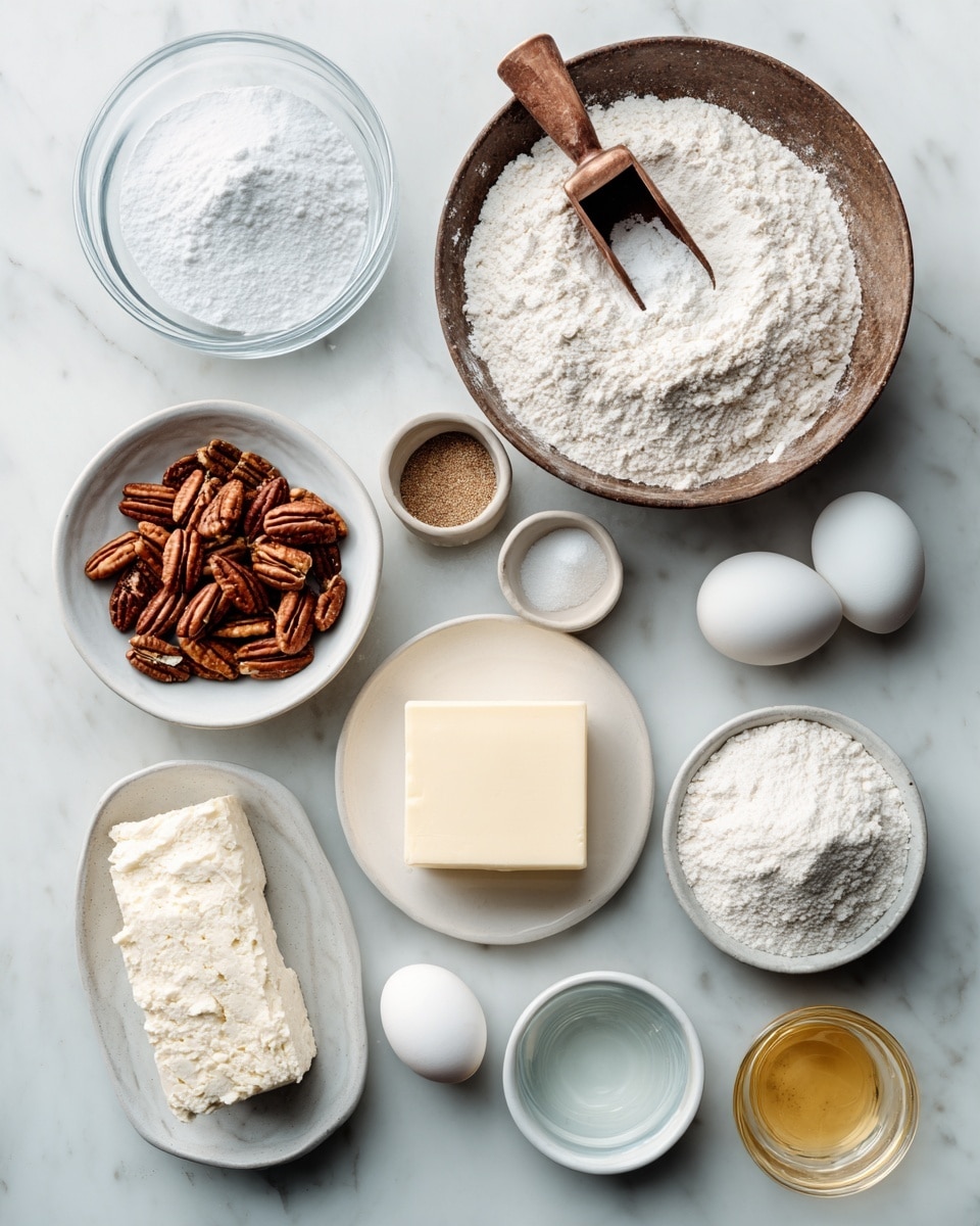 The image shows twelve different ingredients neatly arranged on a white marbled surface. At the top center is a rustic bronze bowl filled with white flour and a bronze scoop inside. To the left is a clear glass bowl with white powdered sugar and next to it, a small white plate with chopped pecans. Below the pecans is a small oval white plate holding salt and ground nutmeg. In the middle center is a white plate with a rectangular block of pale yellow butter. On the right side, there is a clear glass bowl with white sugar above a white plate with light brown yeast. At the bottom center is a small white bowl with golden liquid vanilla. Below the vanilla on the right is a small oval white plate holding two white eggs. A small clear bowl with water is placed just below the butter. All ingredients are clear and clean, showing their natural textures and colors, set against the smooth white marbled surface. photo taken with an iphone --ar 4:5 --v 7