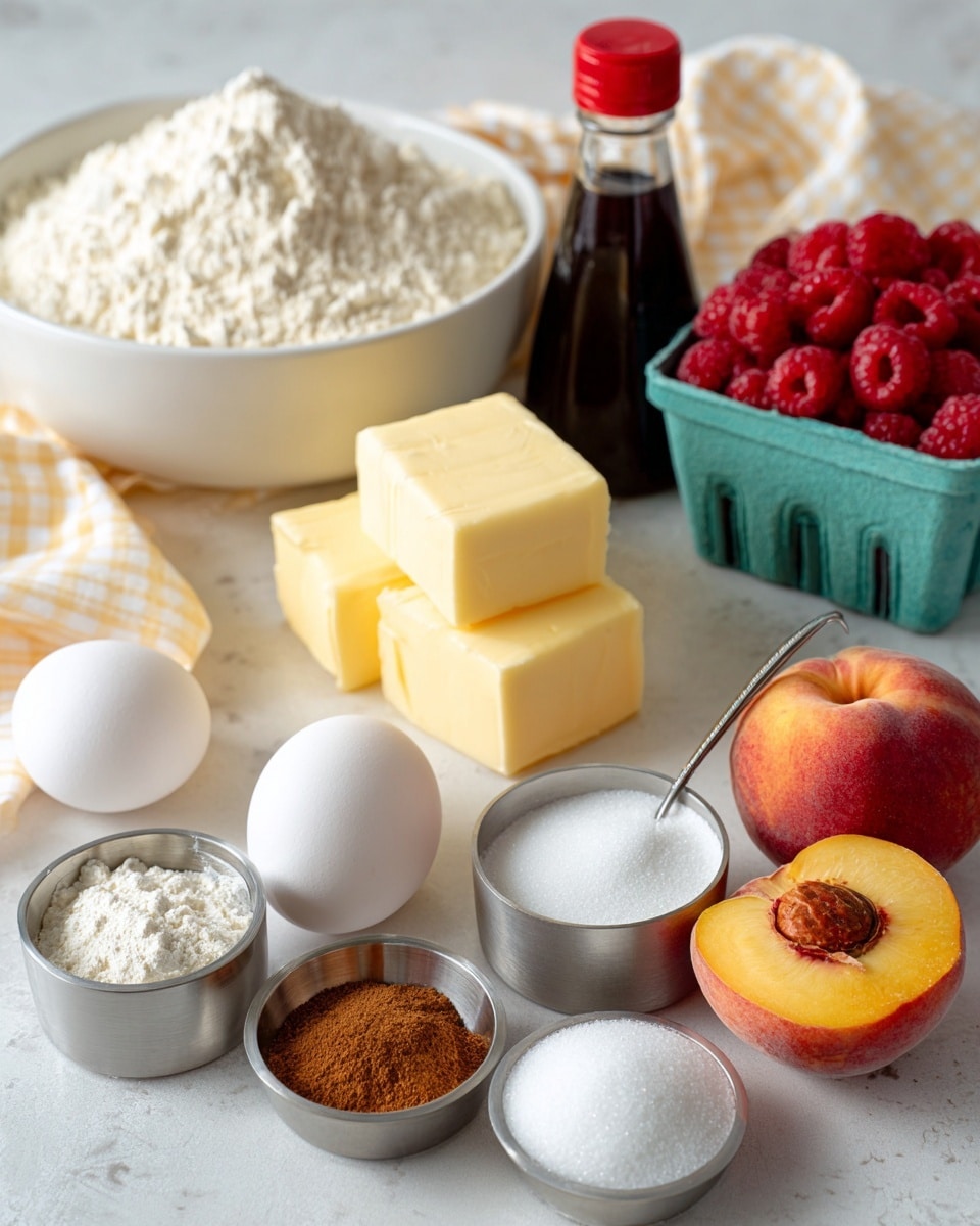 The image shows a white bowl filled with light flour on the left, next to two block shapes of pale yellow butter stacked on top of each other. In front of them are two white eggs resting on a white marbled surface. Next to the eggs are four small metal measuring cups containing white cornstarch, white baking powder, light brown cinnamon, and white salt, arranged in a fan shape. Behind the eggs is a dark bottle of almond extract with a red cap. To the right of the bottle is a small round white bowl filled with white sugar with a metal spoon inside. Beside the sugar bowl are two halves of a yellow peach with a textured pit visible, and to the far right is a turquoise container holding many red raspberries. A white cloth with a faint yellow checked pattern is in the background. Photo taken with an iphone --ar 4:5 --v 7
