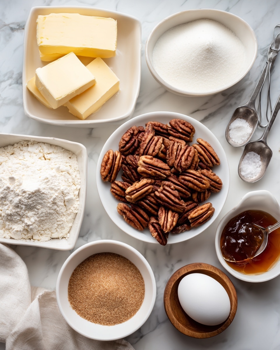 The image shows six white bowls and dishes arranged on a white marbled surface, each holding a different ingredient for pecan thumbprint cookies. In the center, there is a white plate filled with whole pecan nuts that are rich brown with ridged textures. To the top left, a small white bowl contains several thick yellow slabs of butter with a smooth surface. Below that, a square white dish is heaped with fine, white flour with a soft powder texture. Below the pecans, another white bowl holds light brown soft brown sugar with a grainy texture. To the right, a round white bowl contains an amber-colored jam with a glossy, jelly-like look. Near the bottom right, a single white egg rests inside a small wooden bowl. Above the jam, two metal measuring spoons lie flat, one filled with white vanilla powder and the other with white salt grains. The background is a soft white marbled texture, and a white cloth is partially visible on the bottom left corner. Labels in simple brown text name each ingredient around the image. Photo taken with an iphone --ar 4:5 --v 7