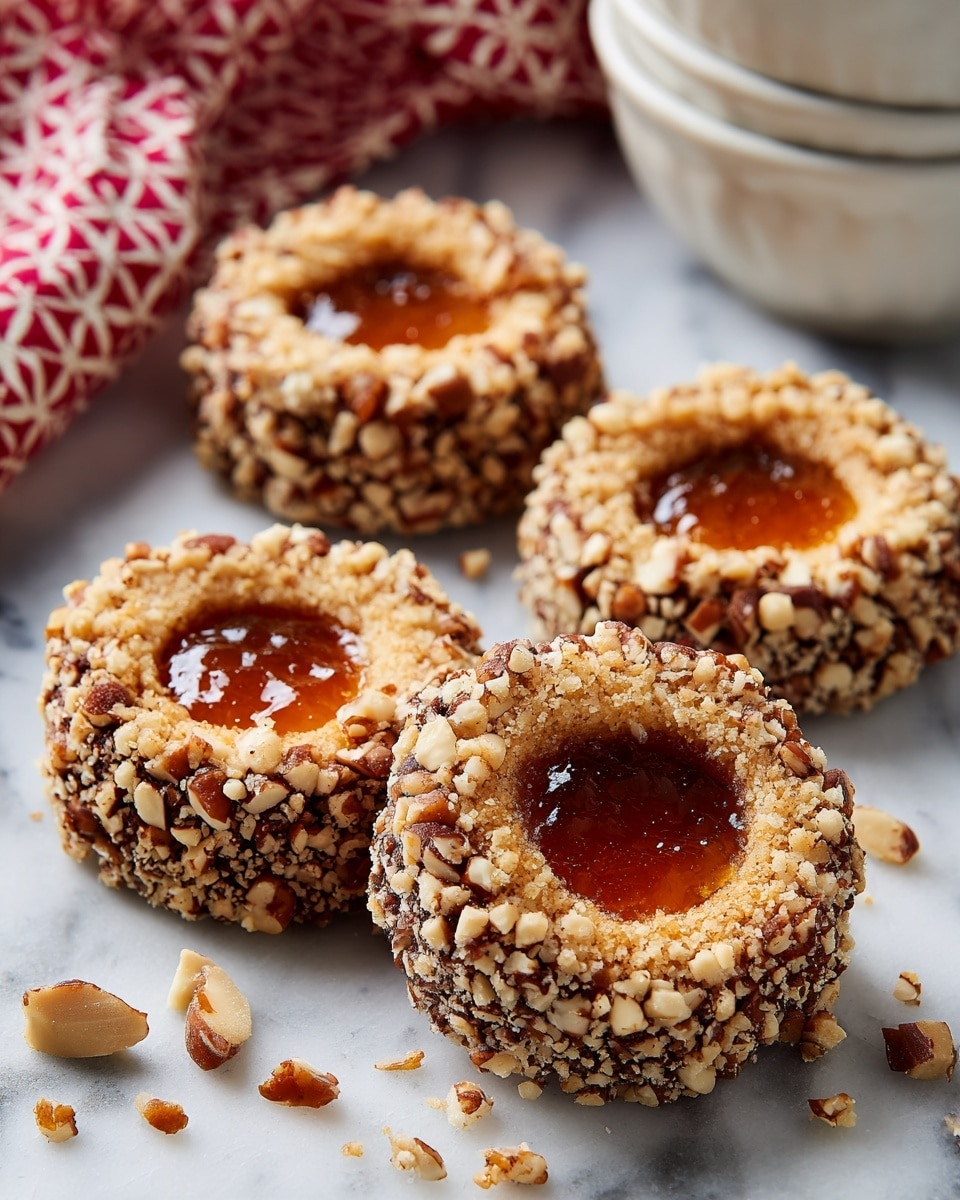 The image shows four thumbprint cookies on a white marbled surface. Each cookie has two layers: the base is light yellow with a rough texture covered in chopped brown nuts, and the center is filled with a shiny orange jam that looks smooth and slightly sticky. The cookies are slightly rounded with uneven nut pieces around the edges, and crumbs are scattered around them. In the background, there is part of a white bowl and a white cloth with red patterns. Photo taken with an iphone --ar 4:5 --v 7