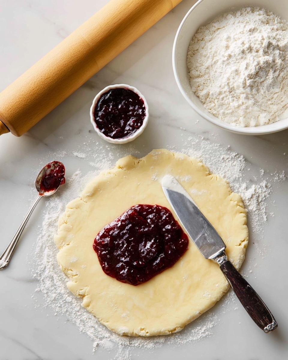 A thin, round layer of pale yellow dough is spread out on a white marbled surface, lightly dusted with flour. On top of the dough near the center is a dark red, thick jam being spread with a silver butter knife that has a dark wooden handle. Nearby, a silver spoon with some jam residue rests on the surface, next to a white ramekin filled with the same dark red jam. To the right, a white bowl holds white flour with a white plastic scoop stuck in it. At the top left, there is a wooden rolling pin lying horizontally. photo taken with an iphone --ar 4:5 --v 7