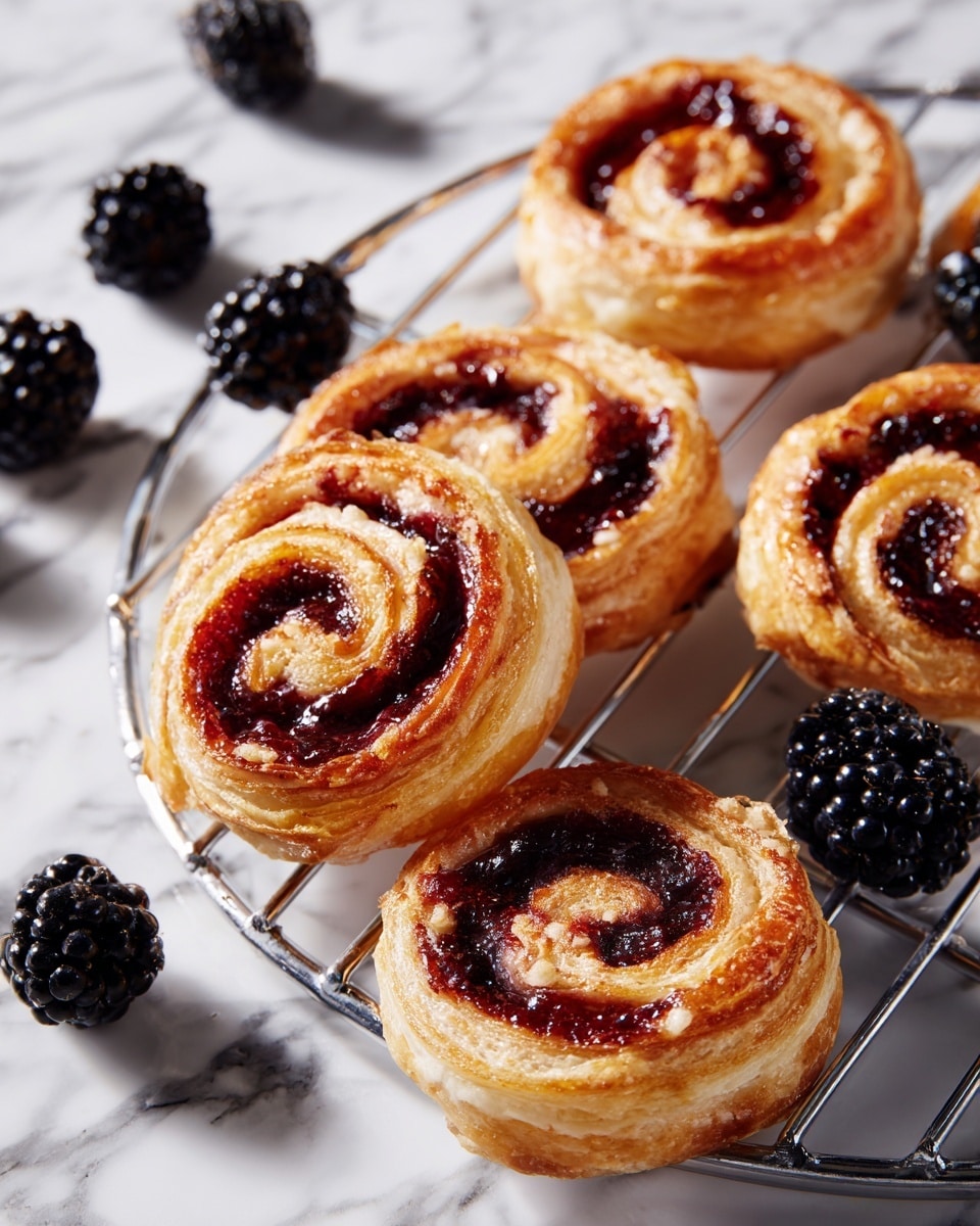 There are several golden brown spiral pastries with a deep red berry filling, arranged on a round metal cooling rack and scattered loosely around it. The pastries have visible layers of flaky dough spiraled tightly around the jam, showing a contrast of light dough and dark filling. Fresh whole blackberries with a shiny, bumpy surface are spread around the pastries, all placed on a white marbled textured surface. photo taken with an iphone --ar 4:5 --v 7