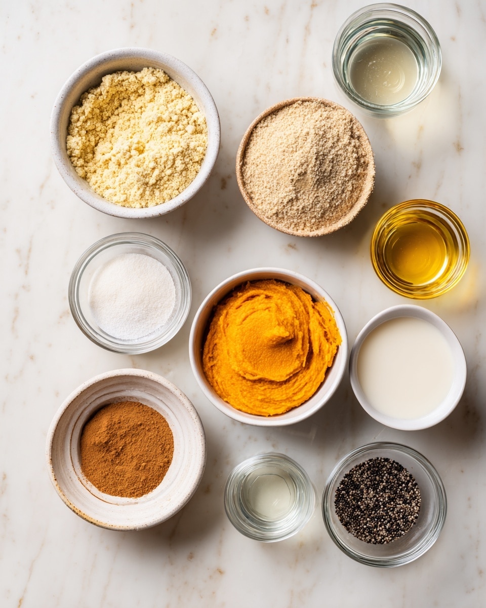 The image shows a top view of small white bowls and glass containers filled with cooking ingredients arranged neatly on a white marbled surface. There is a bowl with pale yellow cornbread mix, a bowl with bright orange sweet potato puree, and a bowl with light brown flax meal. Small white bowls contain white sugar, dark seeds of flax meal, and a creamy white liquid of plant-based milk. Clear glass containers hold golden oil, light yellow apple cider vinegar, and transparent water. A small container has brown cinnamon powder. The bowls and containers form a loose circle in the center of the frame. The photo taken with an iphone --ar 4:5 --v 7