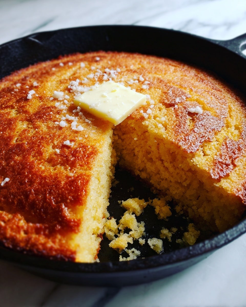 A thick round cornbread with a golden brown color and a soft crumbly texture, baked in a black cast iron pan. One wedge is missing from the cornbread, showing the inside which is slightly grainy with a warm yellow tone. On top, there is a small dollop of white butter melting gently near the center. The pan is placed on a white marbled surface, small crumbs scattered inside the pan around the cornbread. photo taken with an iphone --ar 4:5 --v 7