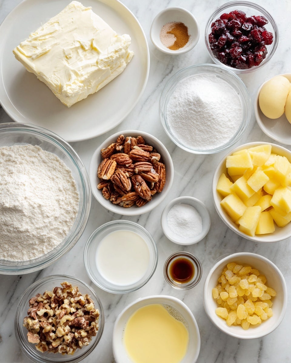 The image shows a white marbled background with various clear and white bowls and plates arranged in a neat, flat lay style. There is a large white plate at the top holding a block of cream cheese, creamy white in color and smooth textured. Nearby, a medium clear glass bowl is filled with powdered sugar, fluffy and bright white. Several small white bowls hold baking soda, baking powder, vanilla extract, and sugar, each showing fine powder or dark liquid textures. There is a combination of food items including chopped pecans with a mix of brown shades in a small white bowl, dried cranberries and golden chopped ginger in another white bowl, and mashed yellow bananas in a small white bowl. Additionally, there are eggs, separated into yolks and whites in two white bowls; the yolks are bright yellow and the whites are clear. A medium white bowl holds a yellow liquid butter. Small clear bowls contain milk, off-white, with a smooth surface. The ingredients are spaced neatly, each labeled with black text around them on the white marbled surface. Photo taken with an iphone --ar 4:5 --v 7