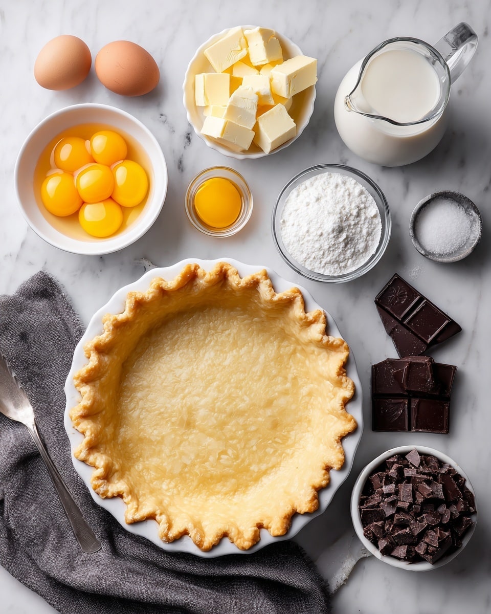 The image shows a white pie dish with a prebaked pie crust that has a golden-brown edge with a crinkled pattern, placed on a white marbled surface. Around it are small white bowls and clear measuring cups containing ingredients: a bowl filled with four bright yellow egg yolks, a bowl with light yellow butter cubes, a cup with white sugar arranged in a swirl, a cup with white cornstarch, a small spoon with white salt, a small glass pitcher with white milk, a larger glass pitcher with white heavy cream, and a white bowl filled with dark chopped baking chocolate. A dark gray cloth is partially visible under the pie dish. Photo taken with an iphone --ar 4:5 --v 7