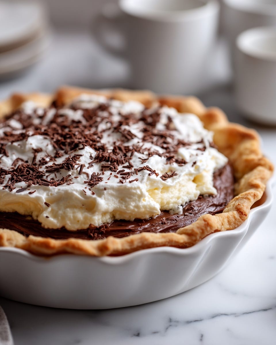 A white pie dish holds a pie with three visible layers: at the bottom, a golden, flaky crust with crimped edges; above it, a smooth, dark brown chocolate filling; on top, a thick layer of creamy white whipped topping spread unevenly with small peaks and waves; sprinkled all over the whipped layer are small, thin, dark chocolate shavings scattered randomly. The dish is set against a white marbled surface. photo taken with an iphone --ar 4:5 --v 7
