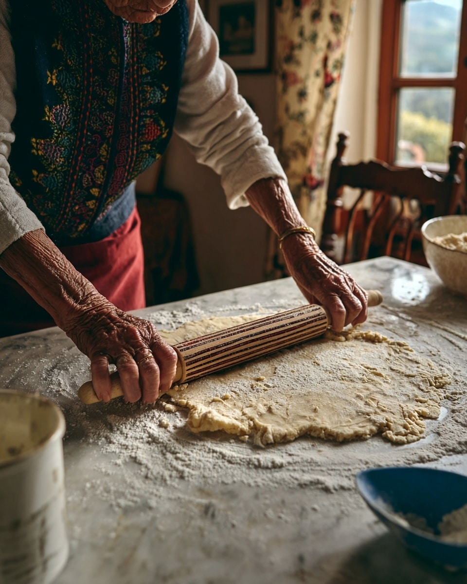 The image shows dough being rolled out on a white marbled surface by an older woman wearing a dark vest with colorful stitching over a white long-sleeve shirt and red pants. The dough is spread thin and unevenly, with a wooden rolling pin featuring striped light and dark wood layers held by the woman's two hands pressing down. In the background, a white container and a blue scoop lie near the dough, while a window with light, patterned curtains and a wooden chair can be seen. The scene looks warm and cozy, showing a homemade baking moment photo taken with an iphone --ar 4:5 --v 7