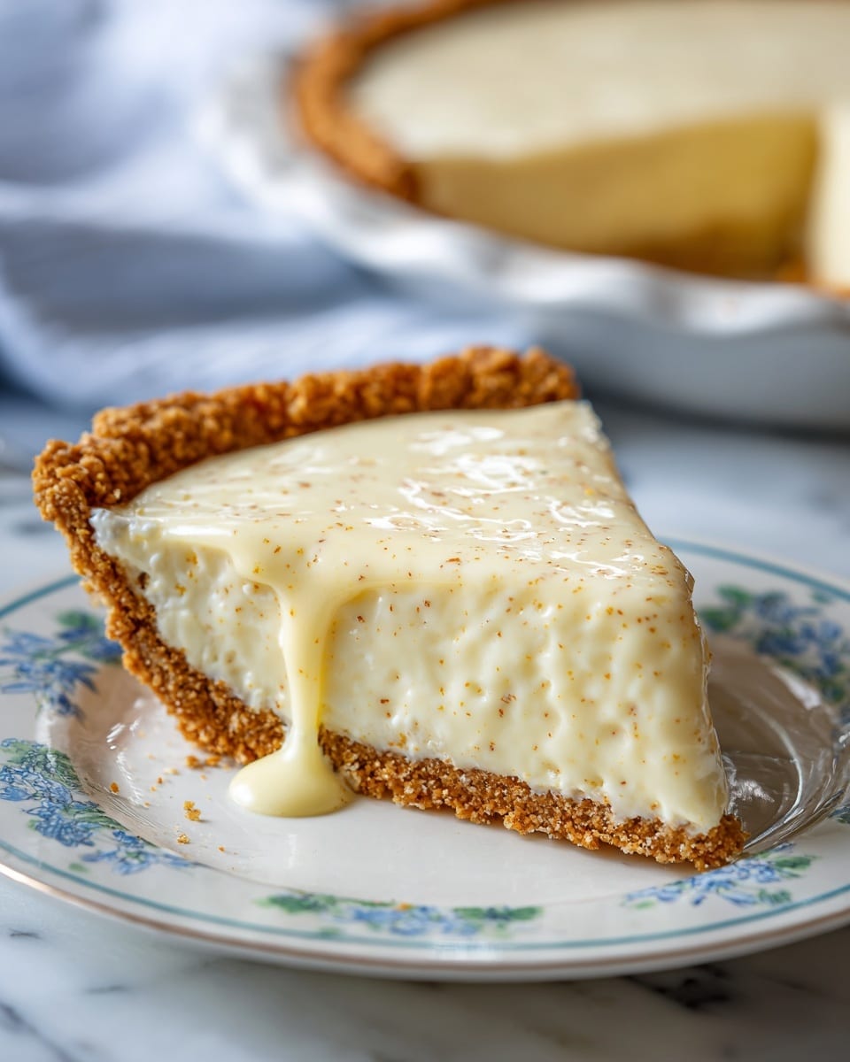 A slice of creamy pie with two layers is shown on a white plate with blue flower patterns. The bottom layer is a brown, crumbly crust that looks firm. The top layer is a thick, shiny off-white filling that is smooth and slightly dripping over the edge, with a few tiny brown specks on the surface. In the background, there is the rest of the pie in a clear glass pie dish. The whole scene is set on a white marbled surface. Photo taken with an iphone --ar 4:5 --v 7