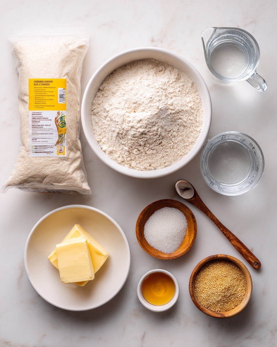 A top-down view of ingredients arranged on a white marbled surface, showing a large white bowl filled with light beige flour positioned near the center. Beside it, there is a clear measuring cup with water, showing a transparent liquid with a handle on the right. Below the flour bowl are small white and wooden bowls arranged neatly: one white bowl holds a square of pale yellow butter, a wooden bowl contains coarse salt, another wooden bowl has small granules of yeast, and a small white dish holds golden honey with a metal teaspoon resting in it. A large white and yellow organic einkorn flour bag stands upright on the left side. All items are spaced evenly, labeled with brown text. photo taken with an iphone --ar 4:5 --v 7