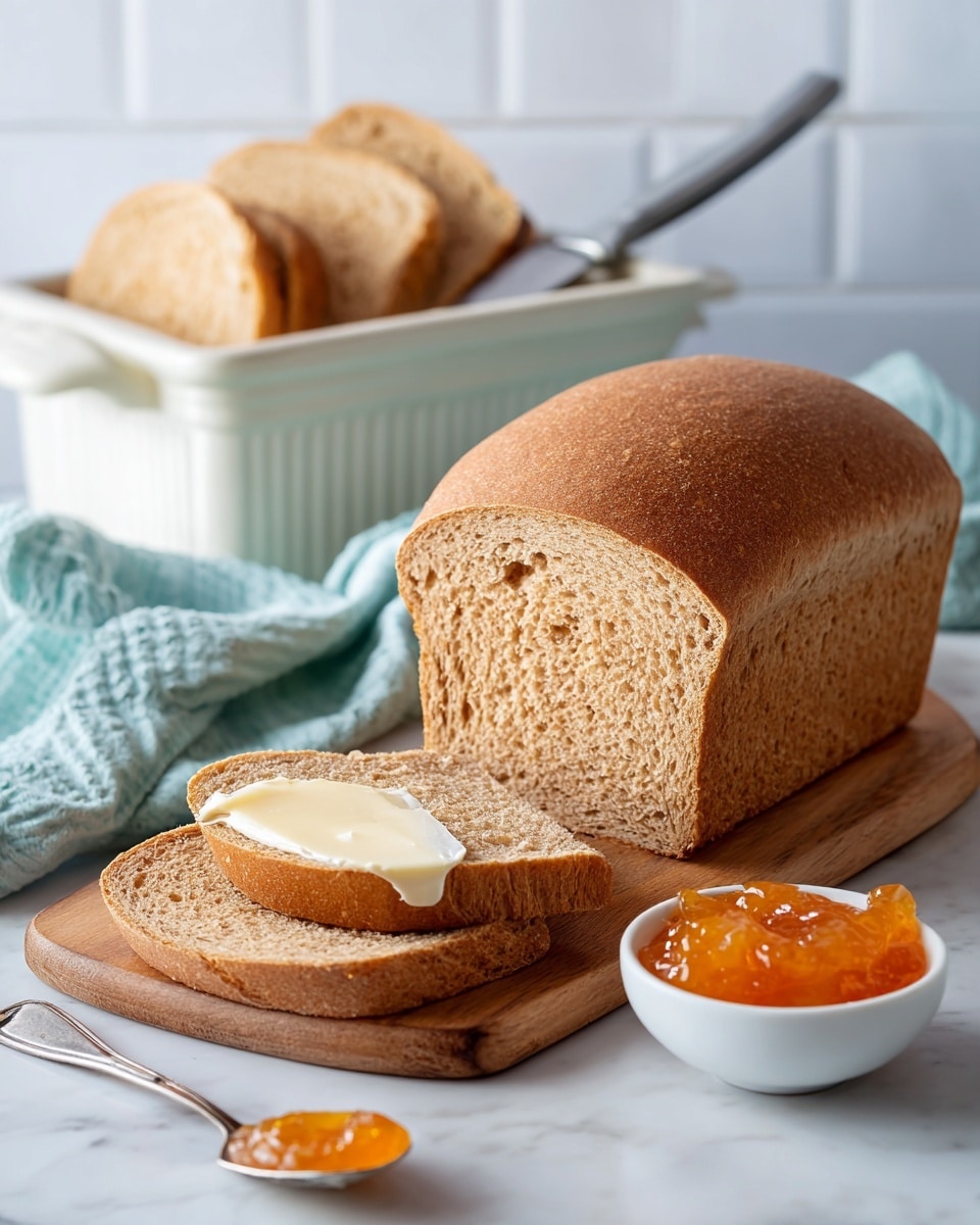 The image shows a loaf of brown bread on a wooden cutting board with three thick slices in front. The slice closest to the camera has a layer of white butter and a spoonful of dark amber jam on top, giving a soft and smooth texture contrast. Behind the bread, on a white marbled surface, there is a small white plate with more dark amber jam and a white butter dish holding several slices of pale yellow butter. A light blue woven cloth and white tile wall are in the background. Photo taken with an iphone --ar 4:5 --v 7