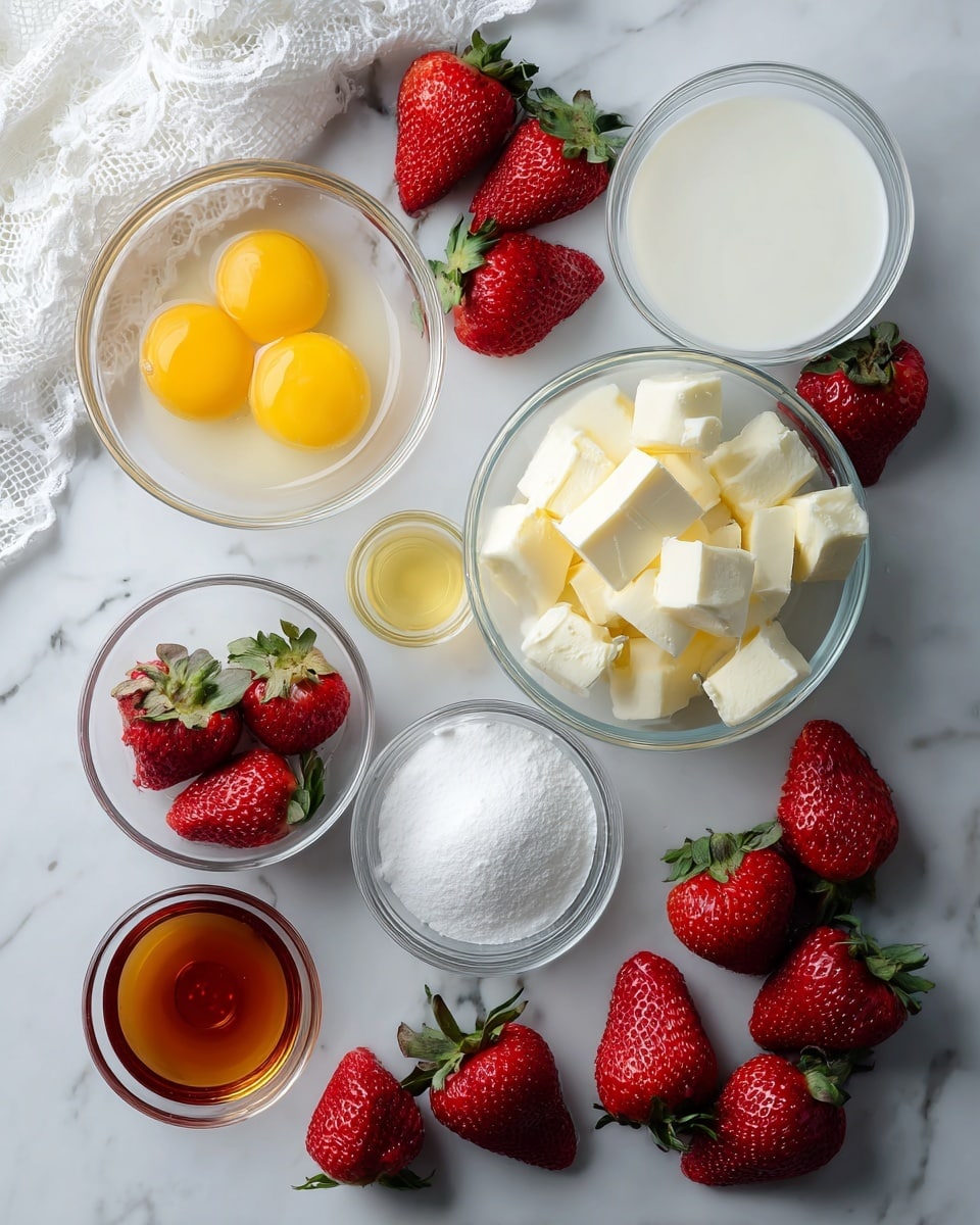 The image shows a flat lay of ingredients on a white marbled surface, including several whole and halved bright red strawberries with green leaves scattered around. There are multiple small, clear glass bowls arranged neatly: one with three yellow egg yolks, one filled with fresh white milk, another with white sugar, a bowl full of cubed white butter, a small bowl of white powder, one with a clear liquid, and a small bowl of amber-colored vanilla extract. The strawberries are fresh and vibrant, contrasting with the white ingredients and glass bowls. A white lace cloth is visible in the top left corner, adding a soft texture to the scene, photo taken with an iphone --ar 4:5 --v 7