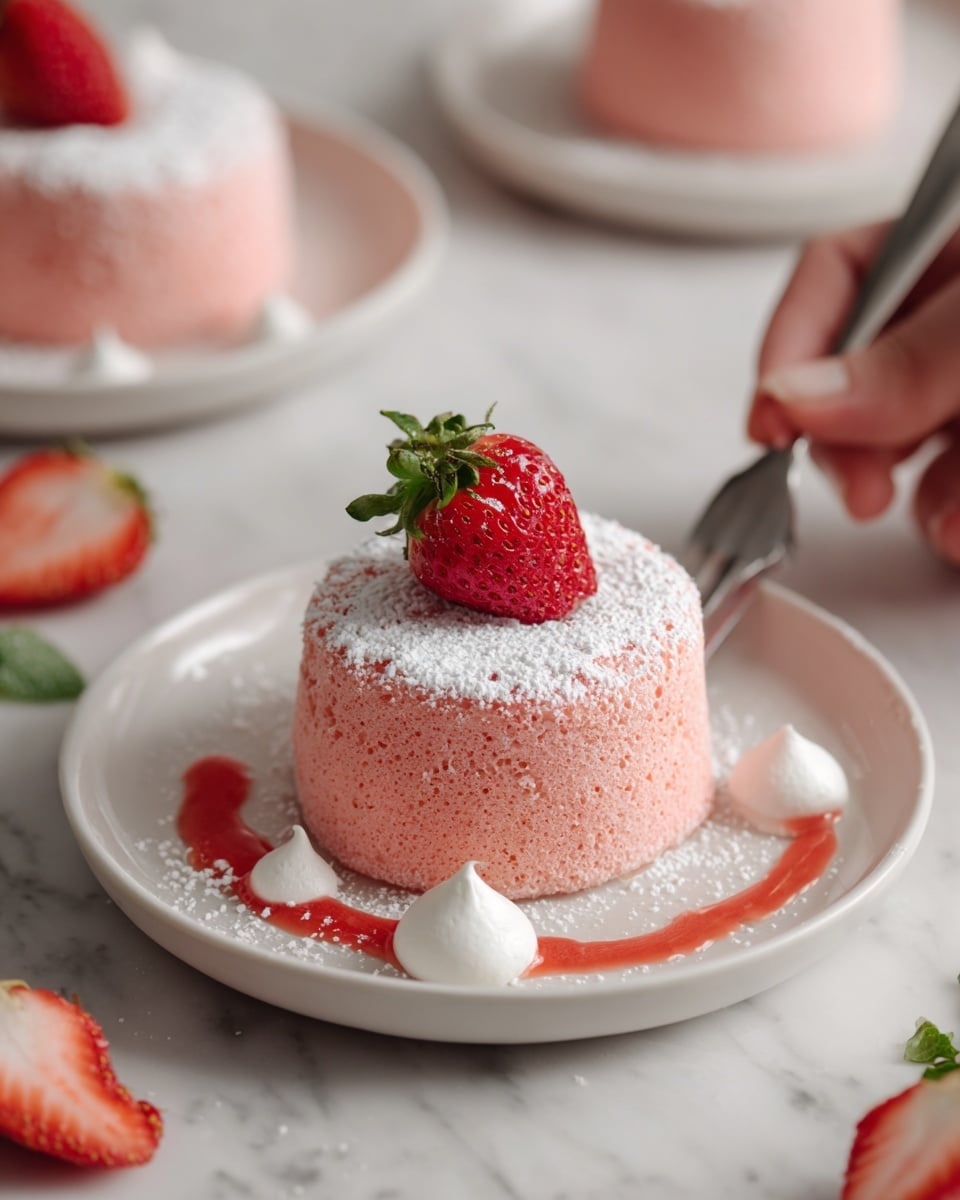 A small round pink cake with a soft texture sits on a white plate on a white marbled surface. The cake has one main layer topped with a dusting of white powdered sugar, and a single red strawberry half placed on top. Surrounding the cake on the plate are strawberry halves and a bright red sauce streak, adding vibrant color. In the softly blurred background, another similar cake and scattered strawberry halves can be seen. photo taken with an iphone --ar 4:5 --v 7