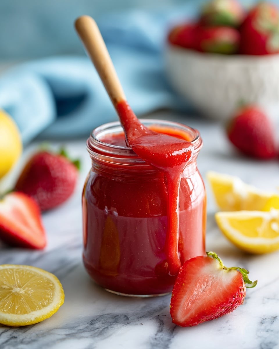 A clear glass jar filled with smooth, bright pink strawberry sauce that is slightly dripping over the sides onto a white marbled surface. A light wooden spoon rests inside the jar, scooping up a dollop of the sauce, showing its thick and glossy texture. Around the jar, there are fresh halved strawberries with red flesh and small seeds scattered on the white marbled surface. In the soft blurred background, there is a halved yellow lemon, more strawberry sauce in jars, and fresh whole strawberries adding a fresh and colorful feel. Photo taken with an iphone --ar 4:5 --v 7