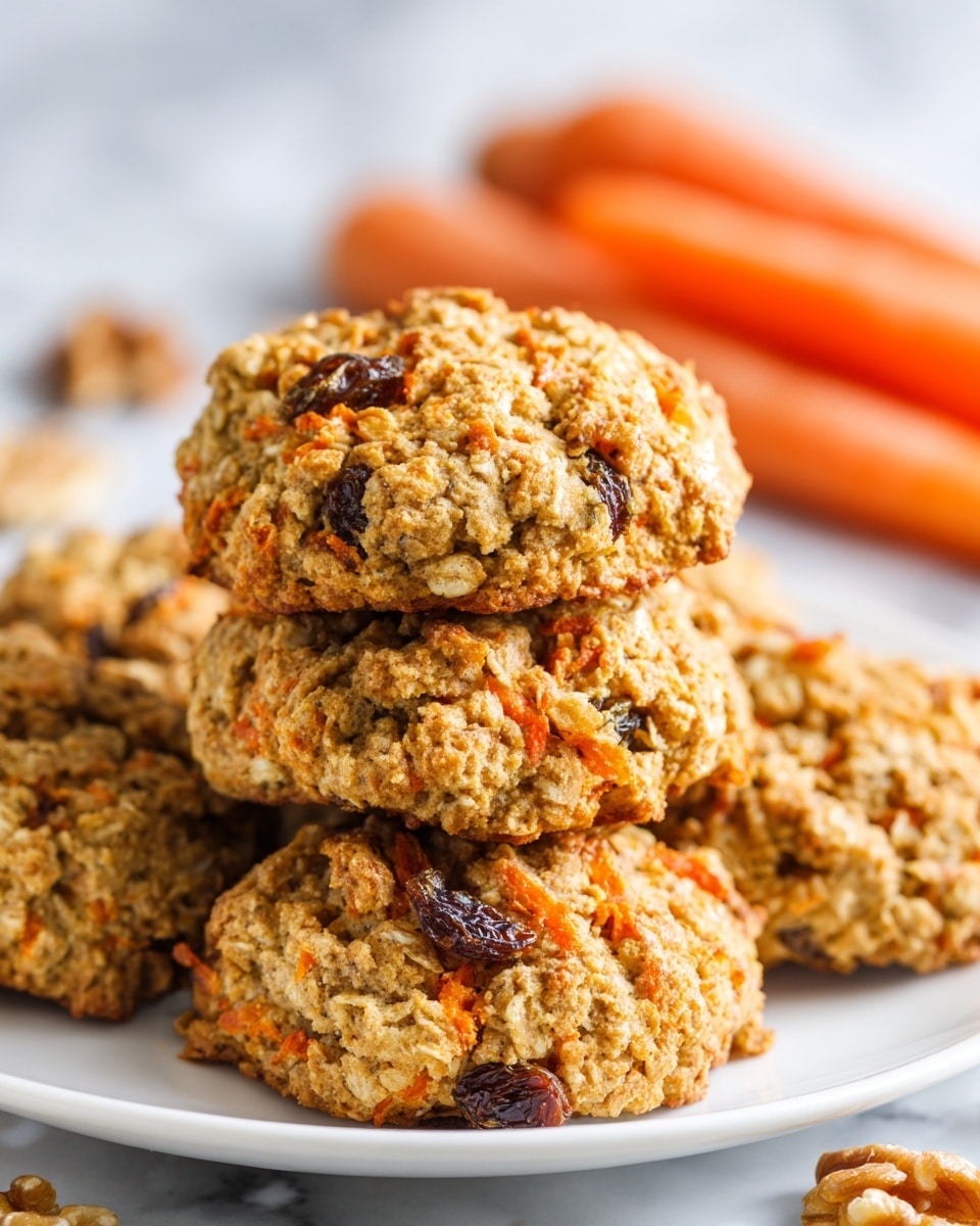 A white plate filled with about five thick oatmeal cookies stacked loosely, each cookie showing a rough texture with visible oats, small dark chocolate chips, and tiny orange carrot bits mixed in. The cookies have a golden brown color with some darker baked spots. On the left side of the plate, there are three bright orange whole carrots. The plate sits on a white marbled surface. Photo taken with an iphone --ar 4:5 --v 7