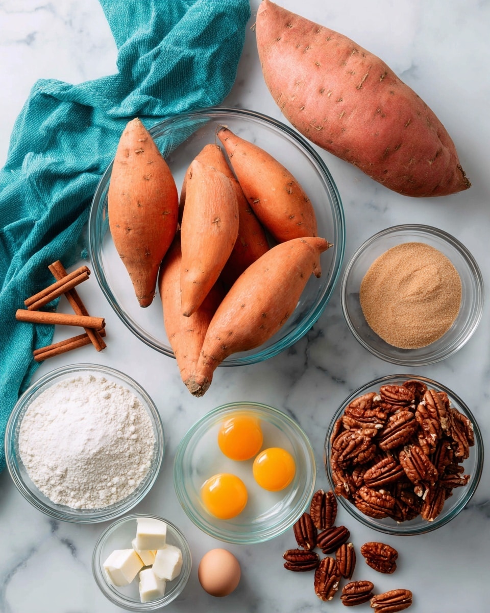 A white marbled surface holds a clear glass bowl in the center filled with six peeled orange sweet potatoes, each with a smooth texture and natural shape. To the top right of the bowl is a whole unpeeled sweet potato with a reddish-brown skin. Next to it is a small clear glass bowl with light brown sugar, and below that is another glass bowl with three raw eggs yolks visible in clear egg whites. To the right, there is a bowl filled with chopped brown pecans. On the bottom left side there are smaller clear bowls with white flour, small pieces of pale butter, and a small bowl of milk. Several cinnamon sticks and whole pecans are scattered around the edges. A turquoise cloth is folded at the top left corner. Photo taken with an iphone --ar 4:5 --v 7