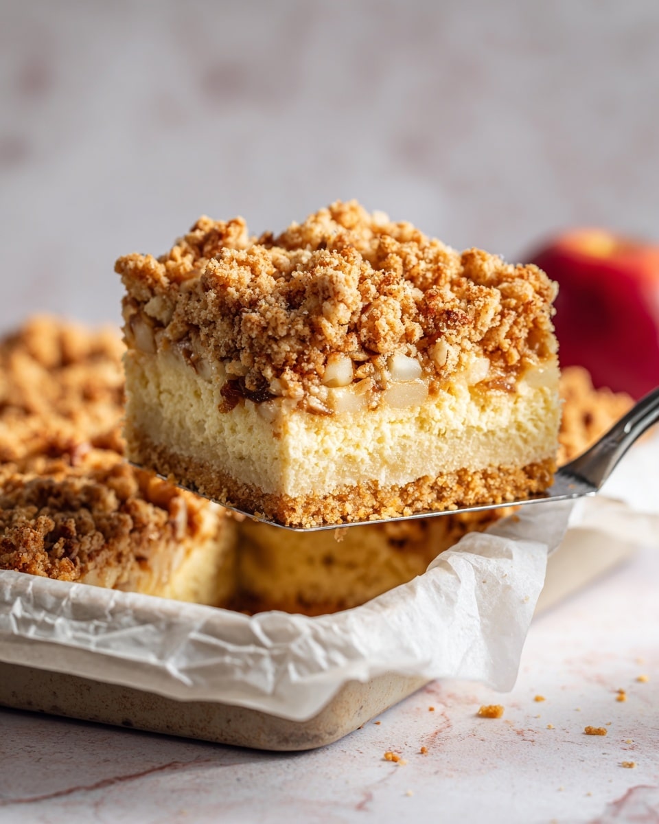 A close-up view of a square slice of dessert being held by a woman's hand with a spatula above a white baking dish lined with white paper. The dessert has three layers: the bottom layer is a thick, soft, pale yellow cake; the middle layer consists of thin, light tan slices of fruit; and the top layer is a crumbly, golden-brown nut topping with small, crunchy pieces. The background is out of focus but includes hints of a white marbled surface and a red fruit, likely a peach or nectarine, near the corner of the dish. photo taken with an iphone --ar 4:5 --v 7