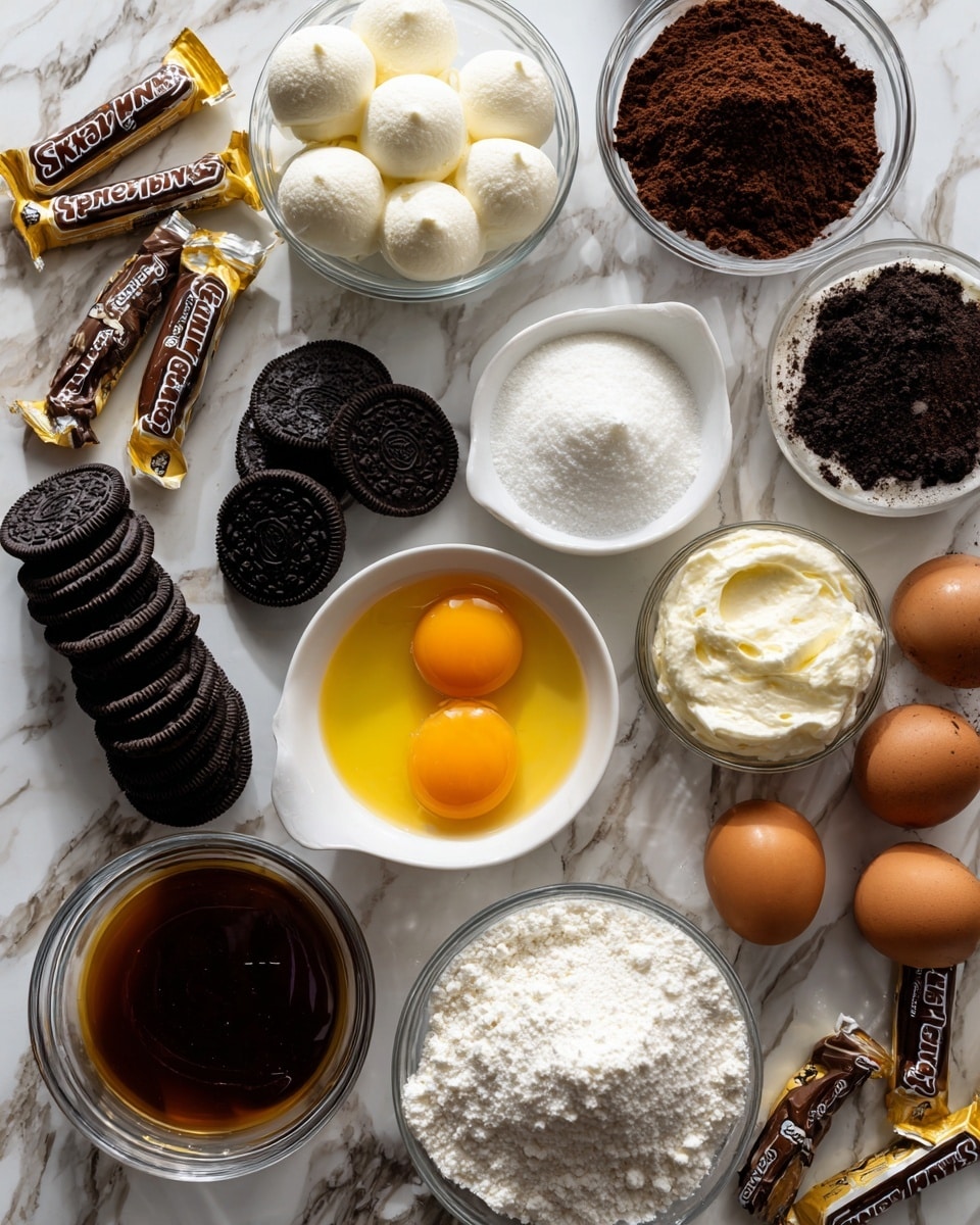 The image shows various baking ingredients arranged on a white marbled surface. There are several little white glass bowls filled with different items: one with eight scoops of white cream, one with white sugar, one with cocoa powder, two with eggs cracked open showing yellow yolks inside, one with a dark brown liquid, and one with a vanilla-like liquid. Around these bowls, there are whole black cookies stacked in groups and several wrapped Snickers candy bars placed scattered. The ingredients create a colorful and textured arrangement with bright yellow, dark brown, white, and black tones all visible. Photo taken with an iphone --ar 4:5 --v 7