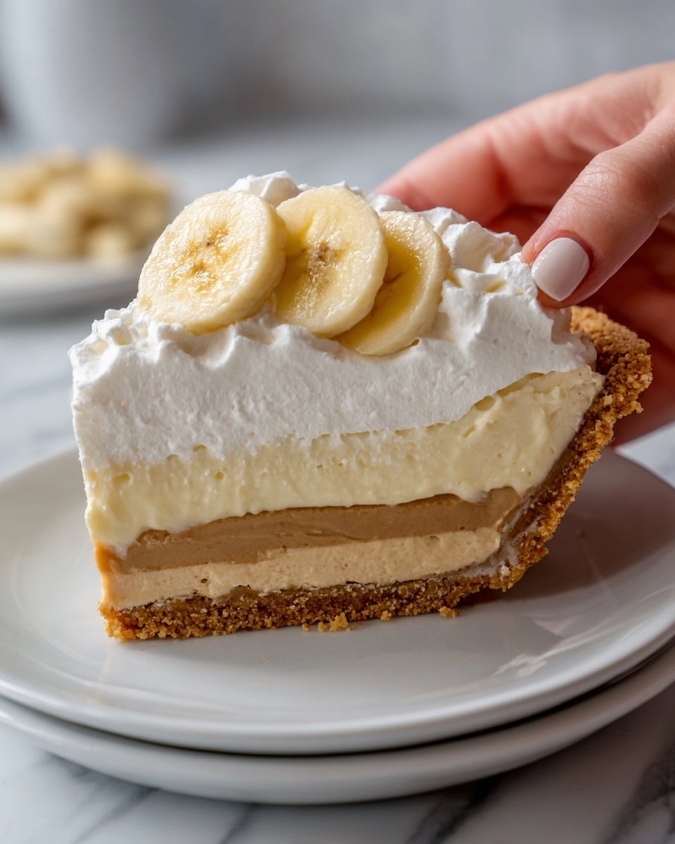 A close-up of a slice of banana cream pie held by a woman's hand, showing three main layers: the bottom golden brown crust, the middle light brown cream layer with a smooth texture, and the top white cream layer topped with dollops of whipped cream and banana slices arranged in a row and one slice placed flat on the top white cream in front. The pie slice is held above a white plate with another slice of pie blurred in the background, all set on a white marbled surface with a colorful blue table beneath. Photo taken with an iphone --ar 4:5 --v 7