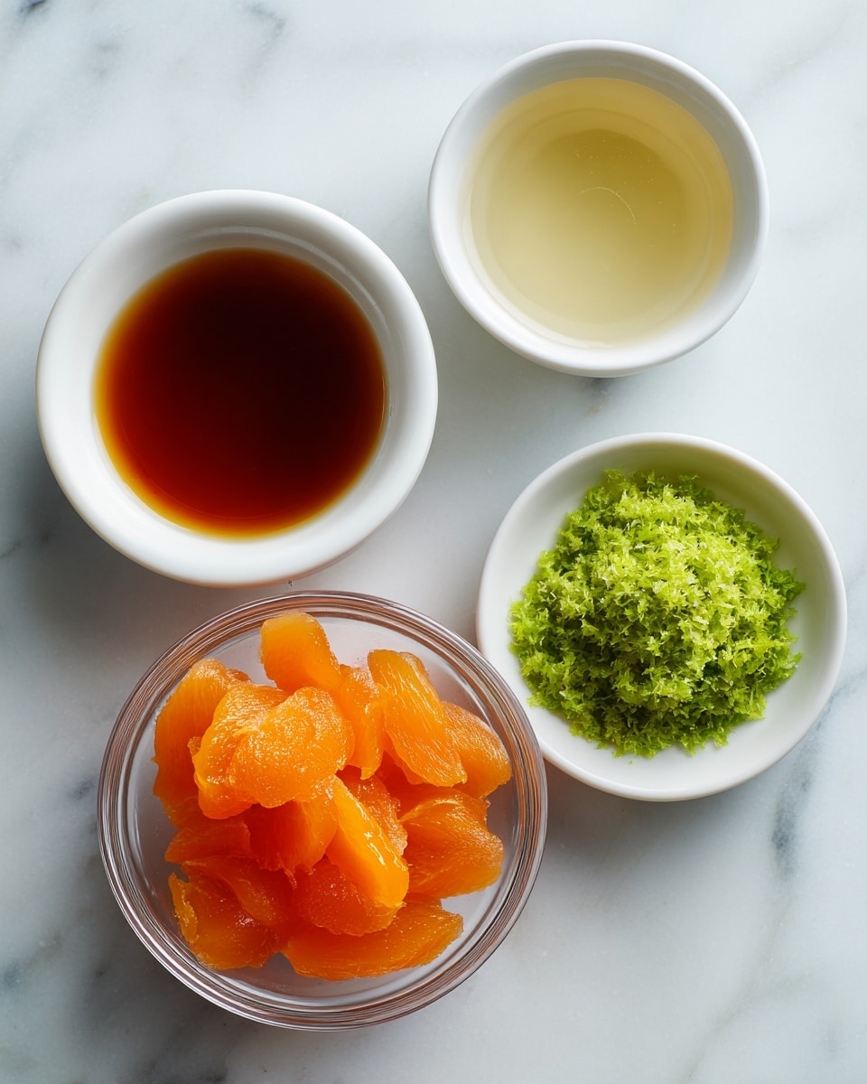 The image shows four small white and clear bowls placed on a white marbled surface. One clear glass bowl at the bottom left is filled with bright orange frozen peach slices. Above it, a large white bowl contains a dark amber liquid. To the left of that, a smaller white bowl holds a pale, nearly transparent liquid. In the bottom right corner, a small white bowl is filled with finely grated green zest. The arrangement is neat and the colors are vibrant. photo taken with an iphone --ar 4:5 --v 7