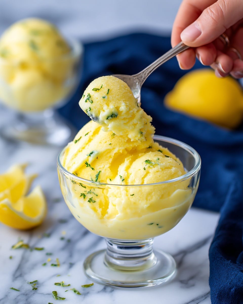 A clear glass bowl holds a bright yellow frozen dessert with a smooth, slightly textured surface. The dessert has a rounded scoop shape with small green specks visible within, giving it a fresh look. A silver spoon is scooping some of the dessert from the bowl, held by a woman's hand just out of frame. In the background, there is another glass bowl with more of the same yellow dessert and some bright yellow fruit slices. The scene is set on a white marbled surface with a dark blue cloth partially visible in the lower left corner. photo taken with an iphone --ar 4:5 --v 7