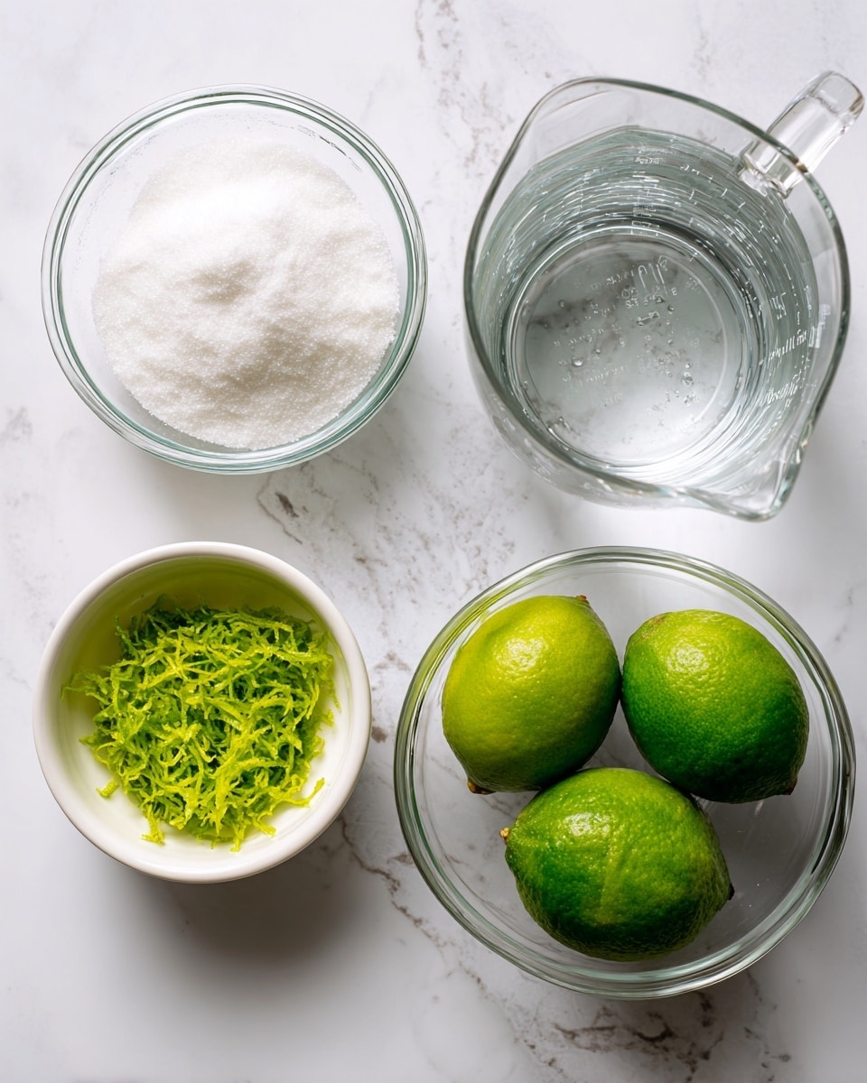 The image shows four glass bowls placed on a white marbled surface. The top left bowl is filled with fine white sugar, the top right bowl is a glass measuring cup containing clear water, the bottom left small white bowl holds bright green lime zest, and the bottom right glass bowl contains three whole green limes with a slightly shiny texture. The arrangement is simple with clean, fresh ingredients. photo taken with an iphone --ar 4:5 --v 7