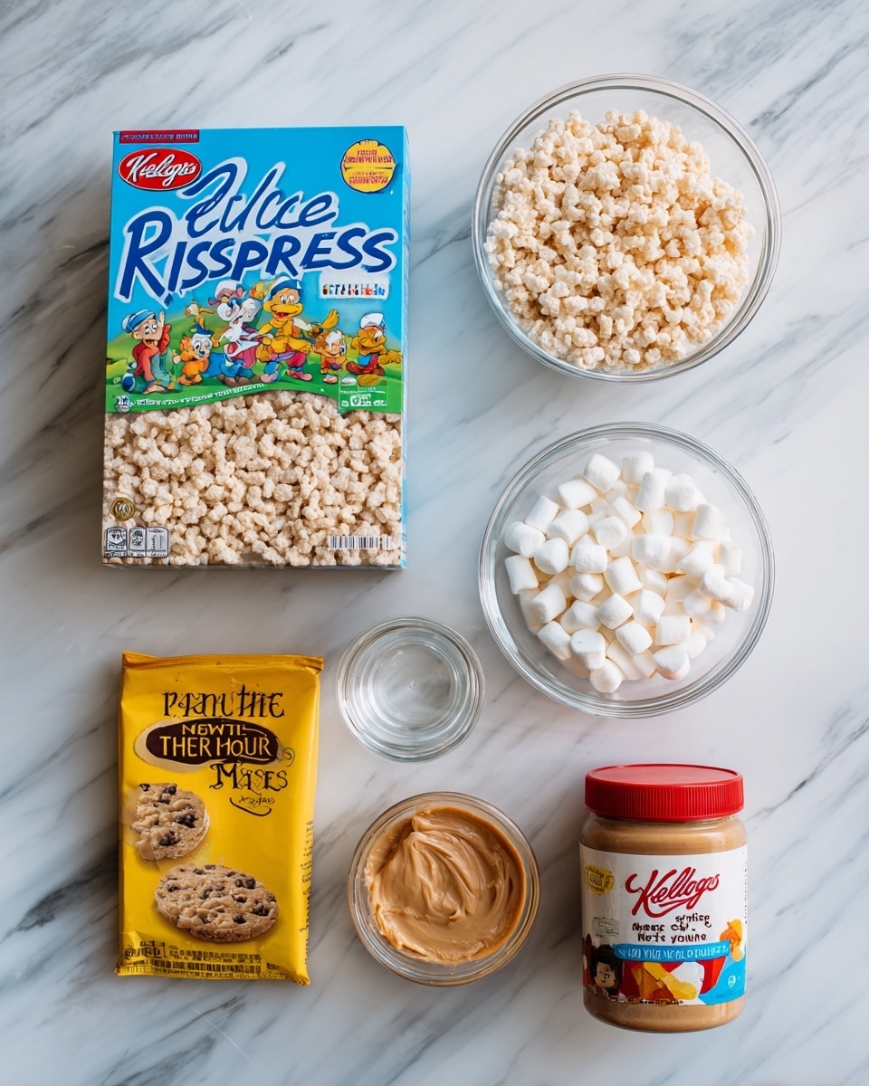 The image shows a flat lay of baking ingredients arranged on a white marbled surface. On the left, there is a family size box of Kellogg's Rice Krispies cereal with a bright blue, green, and yellow packaging featuring cartoon characters. To the right of the box are two clear glass bowls, one filled with light beige puffed cereal pieces and the other with small white marshmallows. Below these bowls is a small clear container with a light liquid. Also visible are a stick of wrapped butter, a yellow package of Nestle Toll House milk chocolate morsels featuring the image of a chocolate chip cookie, a small bottle of vanilla extract with a red and white label, and a large jar of creamy peanut butter with a red lid and colorful label. photo taken with an iphone --ar 4:5 --v 7