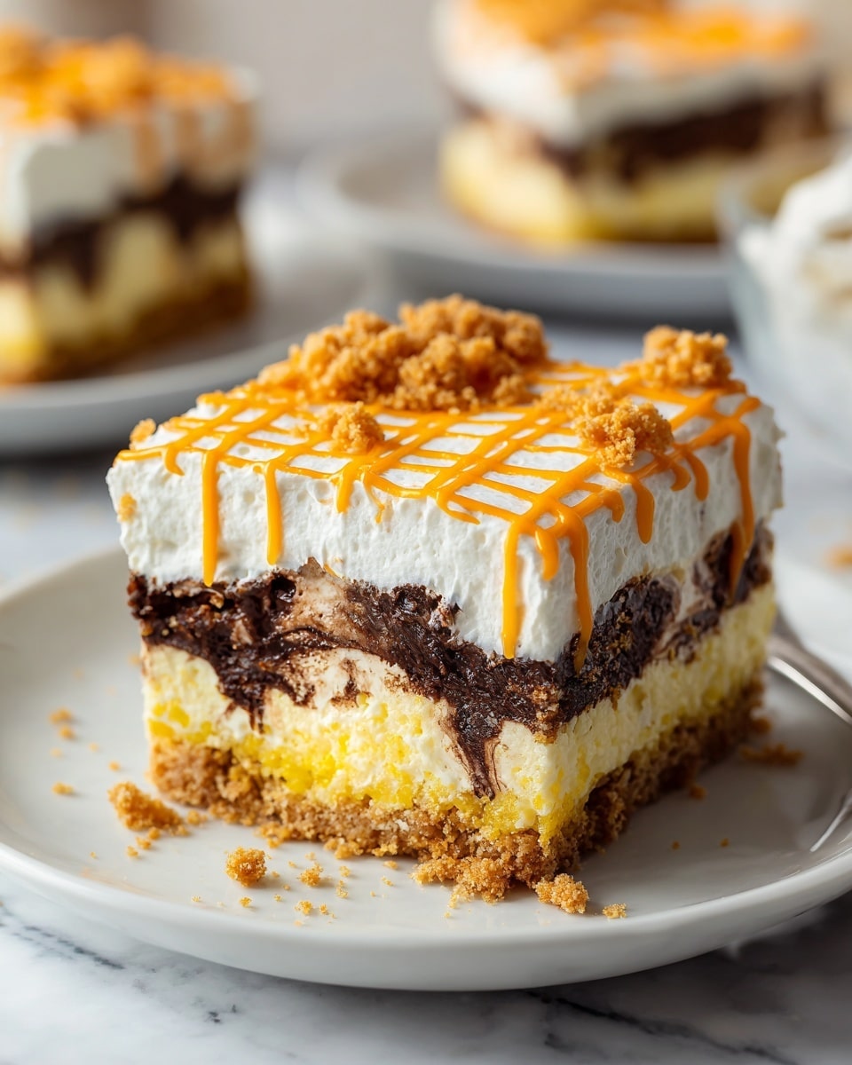 The dish is a layered dessert on a white plate with a creamy white marbled background. The bottom layer is a crumbly, golden brown base. Above it is a thick, smooth layer of white cream mixed with dark brown chocolate swirls. On top, there is a fluffy, white cream layer covered with golden orange crumbs and drizzled with a shiny caramel-colored sauce in a grid pattern. The dessert has a soft, creamy texture with visible chunks of crumbs on the sides and top. Photo taken with an iphone --ar 4:5 --v 7