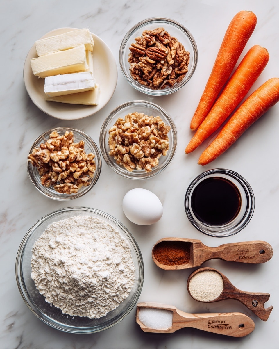 A white marbled surface holds various clear glass bowls and measuring spoons filled with ingredients arranged neatly: one large bowl with white flour, a smaller bowl with light brown sugar, another small bowl with chopped walnuts, and two small bowls with ground spices—one dark brown cinnamon and the other slightly lighter. Nearby are two sticks of pale butter wrapped in paper, four bright orange carrots placed close together, a single white egg, a small clear bowl of dark vanilla extract, and two wooden measuring spoons containing a white powder and a brown spice. The setup is clean and organized, ready for baking. photo taken with an iphone --ar 4:5 --v 7