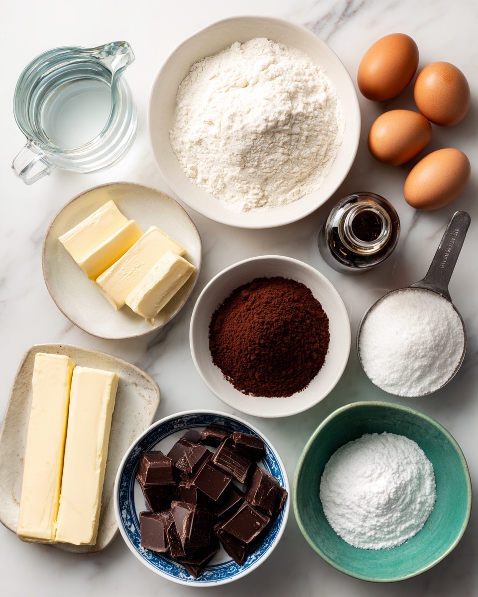 The image shows a white marbled surface with several bowls and items arranged neatly for baking. There is a glass jug filled with water on the top left, next to a white bowl full of white sugar. Below, a white bowl contains flour, and beside it is a small bottle of vanilla extract. To the right, there is a white bowl with a metal measuring spoon filled with white powder, likely baking powder or baking soda. Three brown eggs rest together near that bowl. At the bottom, three sticks of butter wrapped in paper lie next to a blue and white patterned bowl filled with dark brown cocoa powder. A green bowl holds chunks of dark chocolate, and a small white bowl at the bottom right contains a white substance, possibly salt. All items are cleanly arranged on the white marbled surface, creating a tidy and bright baking setup photo taken with an iphone --ar 4:5 --v 7