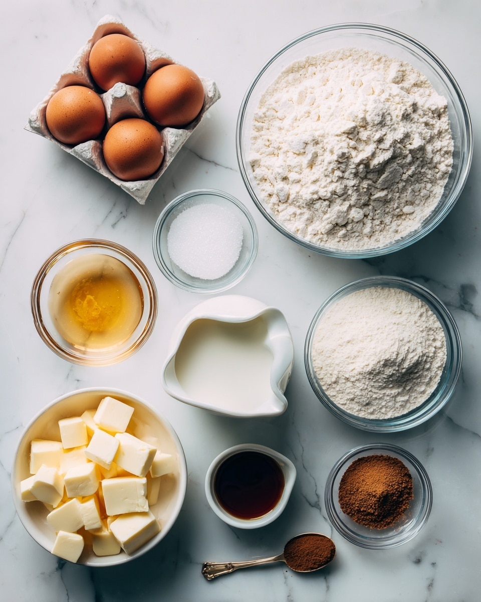 The image shows many baking ingredients arranged carefully on a white marbled surface. On the top left, there are six brown eggs in a white egg holder. Next to them is a small clear bowl with white granulated sugar. To the right is a large clear bowl filled with white flour with a slightly uneven texture on top. Below the eggs, there is a small white bowl with golden liquid, probably honey or syrup. Beside it is a small white pitcher with white milk. To the right of the milk, there is a small white bowl with white granulated sugar again and below that a slightly larger white bowl filled with cubed yellow butter. Scattered around are small clear bowls containing dry ingredients such as light brown almond flour, cinnamon, and yeast. A small gold spoon filled with dark brown vanilla extract is at the bottom right. Everything is arranged neatly, showing the individual textures and colors of the ingredients. The photo taken with an iphone --ar 4:5 --v 7