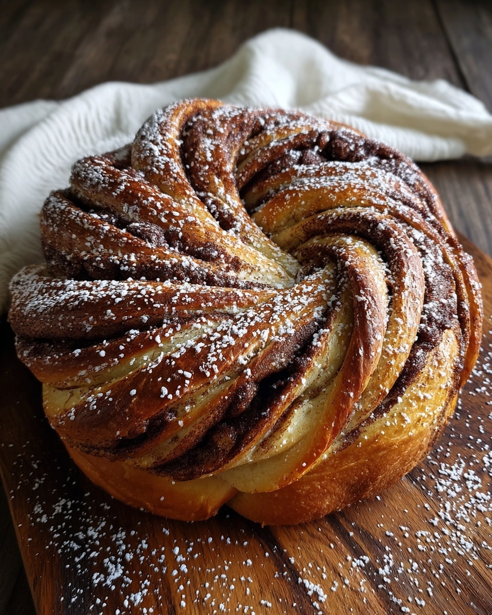 A round twisted bread with two visible layers, one light golden brown dough and the other a darker chocolate or cinnamon swirl, braided in a circular pattern. The top is dusted lightly with white powdered sugar, giving a soft snowy look. The bread is placed on a wooden surface with a white cloth beside it, all on a white marbled textured background. photo taken with an iphone --ar 4:5 --v 7