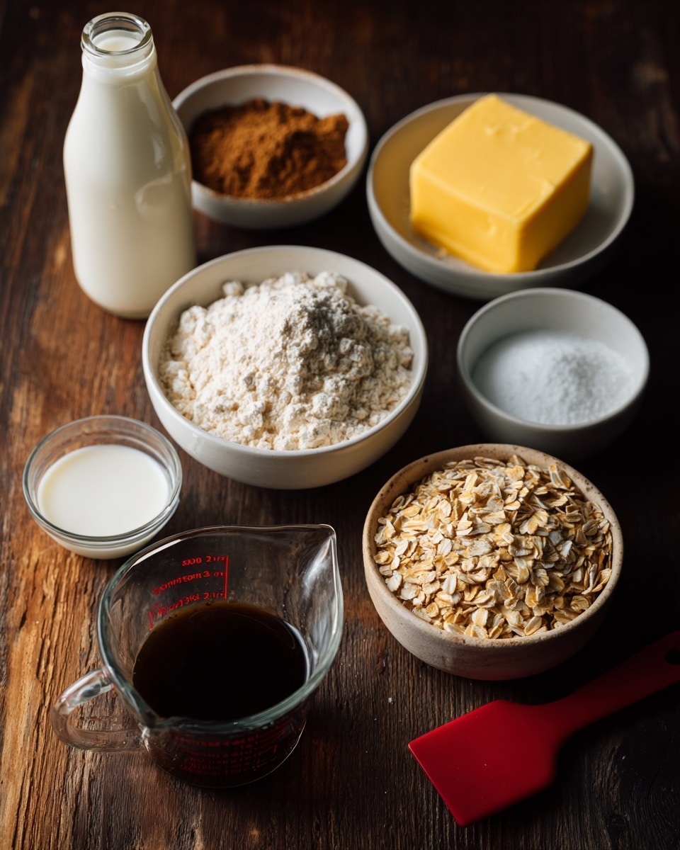 The image shows a collection of baking ingredients arranged on a dark wooden surface. There is a white marbled texture implied for the background. There are six containers: a small glass bowl with brown powder, a medium white bowl filled with rolled oats, another medium white bowl with white sugar, a small glass bowl with a yellow block of butter, a small glass bowl with dark liquid (likely vanilla), and a clear measuring cup with a white liquid that looks like milk or cream. A white bottle is visible on the left side, partially in frame. A red spatula is resting beneath the measuring cup. photo taken with an iphone --ar 4:5 --v 7
