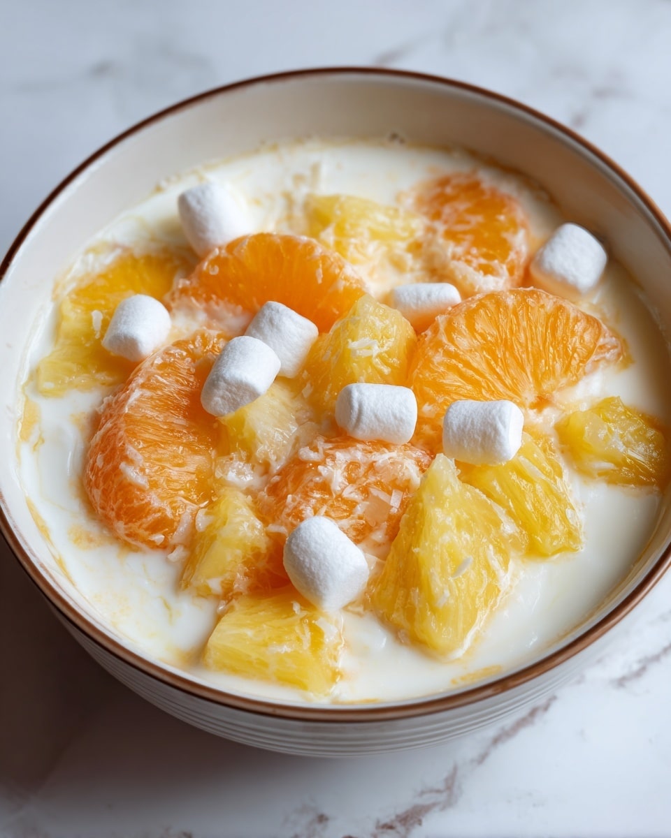 A close-up image of a creamy fruit salad in a white bowl, showing three layers: the bottom layer is smooth and shiny white cream, the middle layer has bright orange mandarin slices and pale yellow pineapple chunks with shiny textures, and the top layer is scattered with soft, white marshmallows that add a fluffy texture. The bowl sits on a white marbled surface which adds a clean and elegant background. Photo taken with an iphone --ar 4:5 --v 7