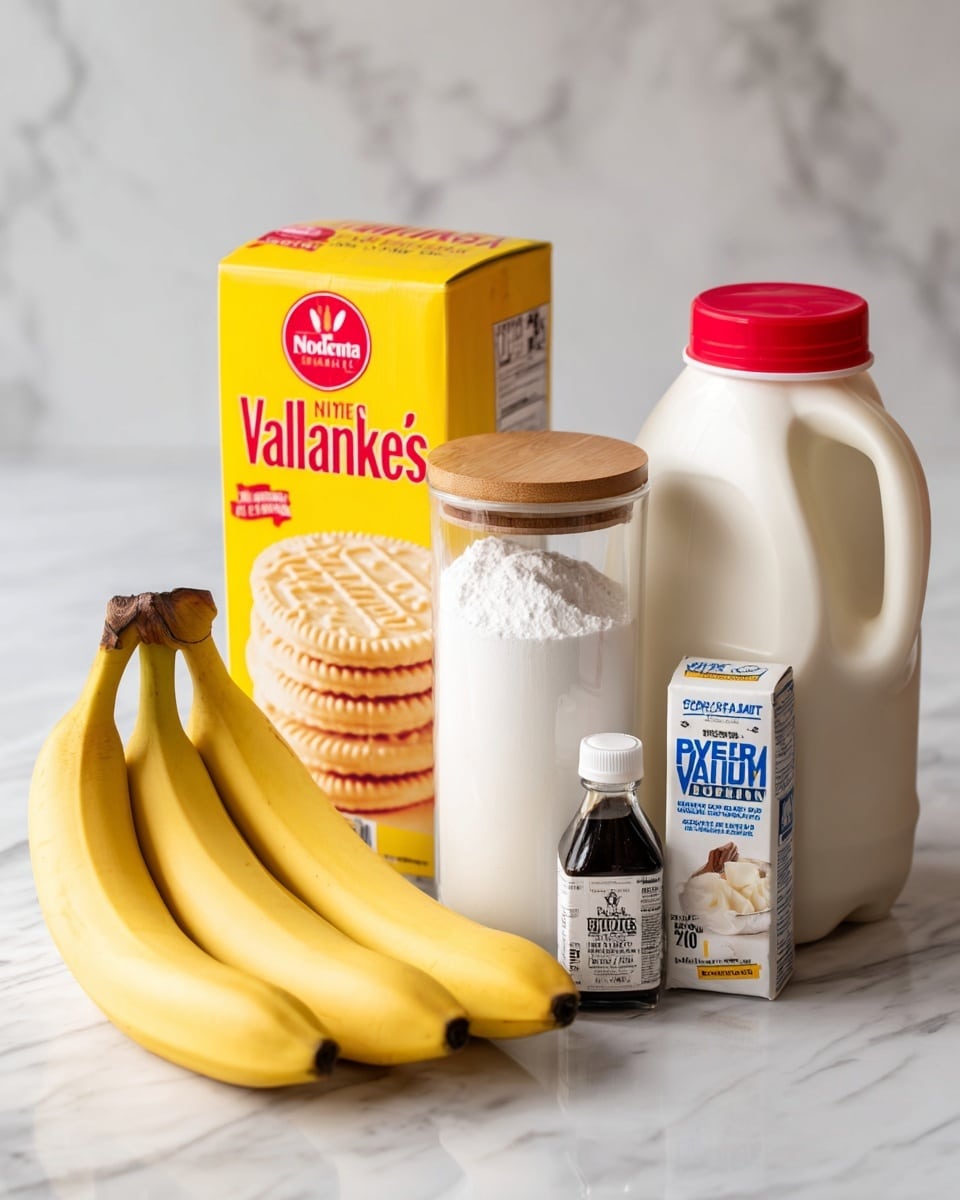 The image shows several ingredients placed on a white marbled surface with a bright, soft background. On the left, there is a yellow box of wafer cookies with the brand name in red. In front of it, three ripe yellow bananas lie side by side. Next, a white bottle of heavy whipping cream with bold black text stands upright. To its right, a tall clear container with white powdered sugar and a wooden lid is visible. In front of the sugar, a small dark bottle of vanilla extract sits next to a white box of vanilla pudding mix with blue and yellow text. On the far right, there is a large white milk jug with a red cap. All items are neatly arranged in one row. Photo taken with an iphone --ar 4:5 --v 7